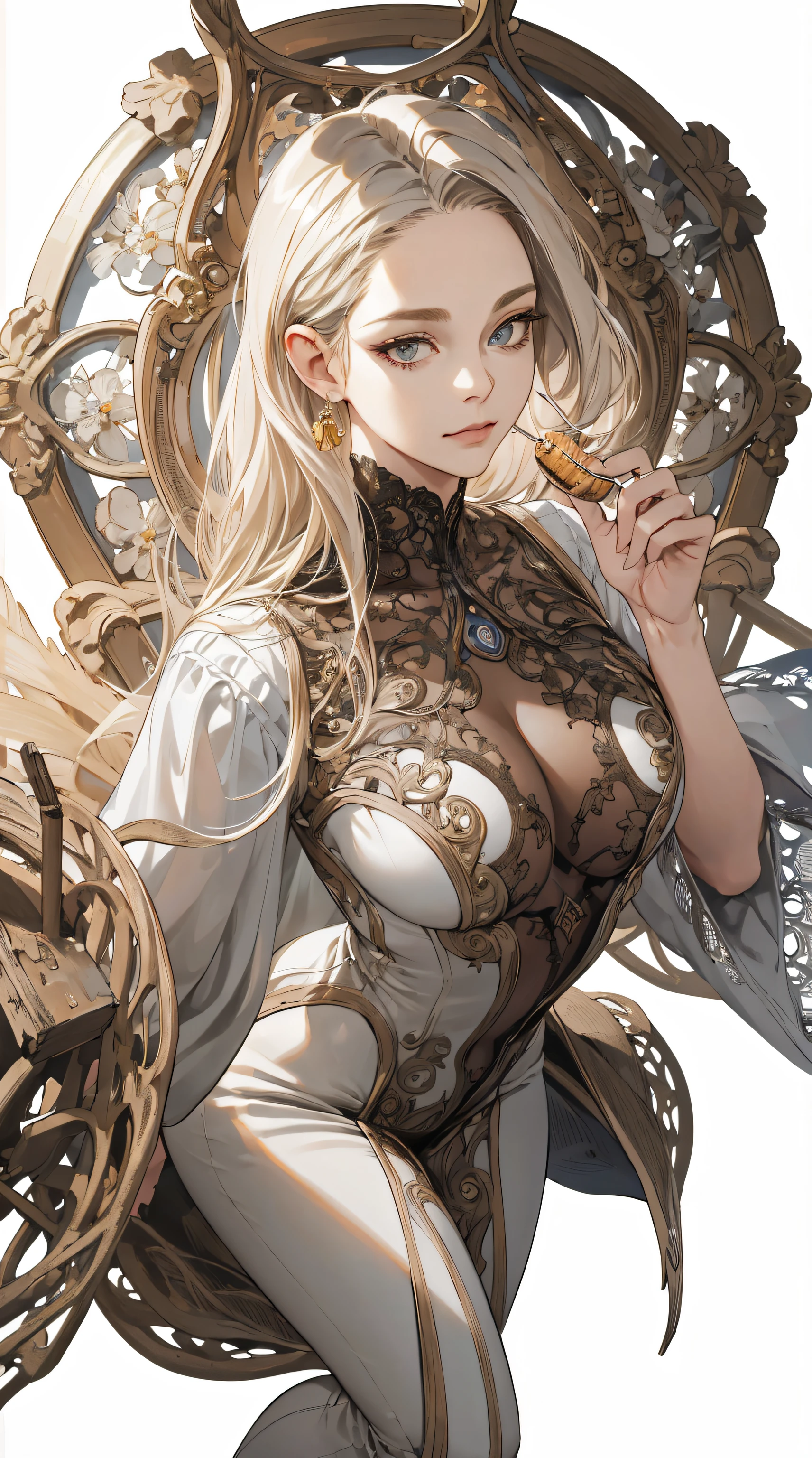 SeaArt BotTxt2ImgDefault13:18:31
(absurd, highres, ultra detailed), 1girl, mature woman, big chest, intricate details, enlarged textures, intricate details, finely detailed eyes and detailed face, intricate details, honey golden gray hair, (closed mouth), perfect eyes, matching eyes, white background, full body picture.