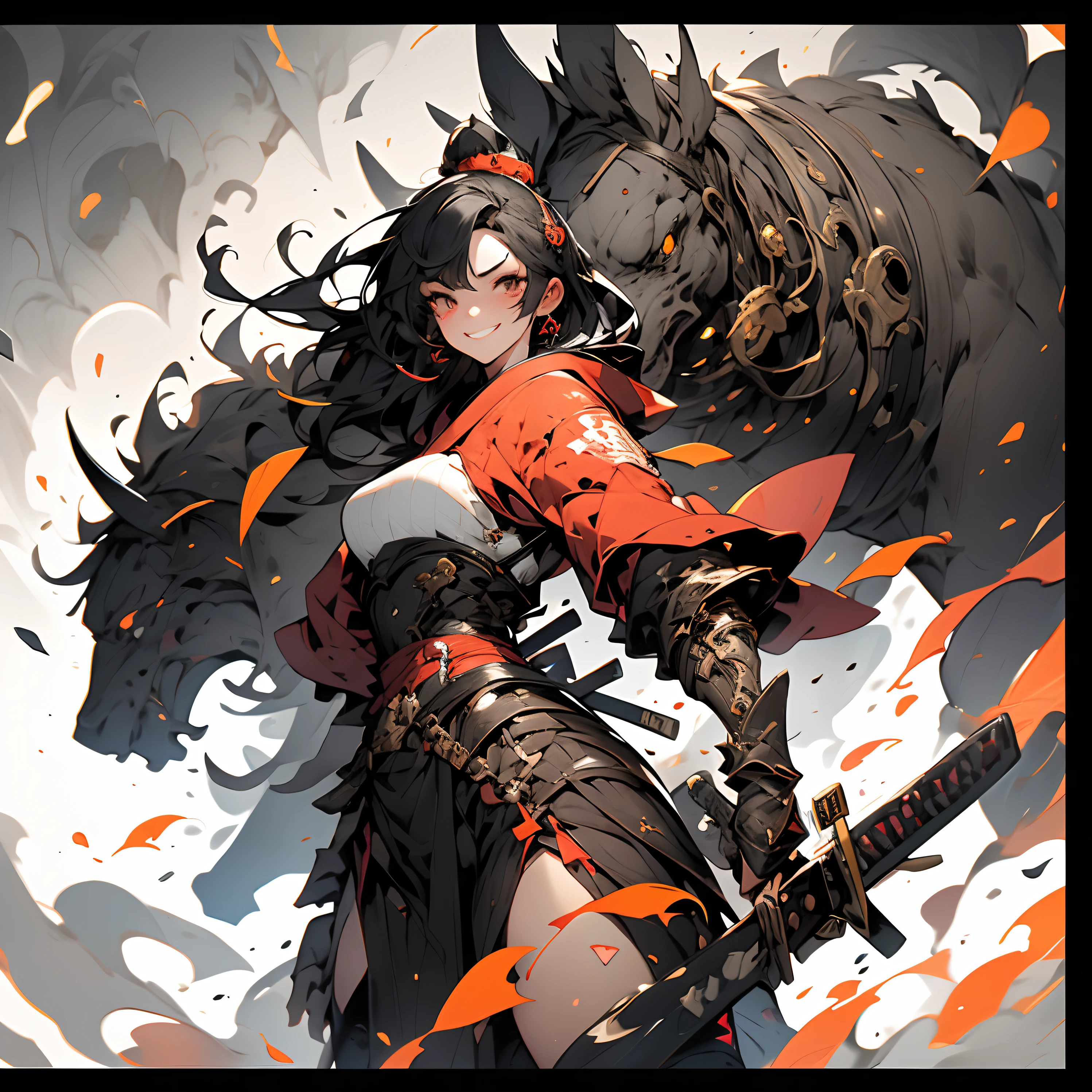 Create an AI illustration of a ridiculous young girl with long hair, hime-cut, White and black hair, two tone color hair, Beautiful detailed hair, Black eyes. She was like a samurai, Standing on the battlefield with a magazine. She wears armor, But pair it with a miniskirt,Black platform shoes，unique look. Please generate illustrations in the highest possible quality.Pronounced muscles，Fluffy ears，Very tall，looking at viewert，full-body portraits，Tall，Orc girl，Mature and tall women，Tall，With a smile，looking toward the viewer