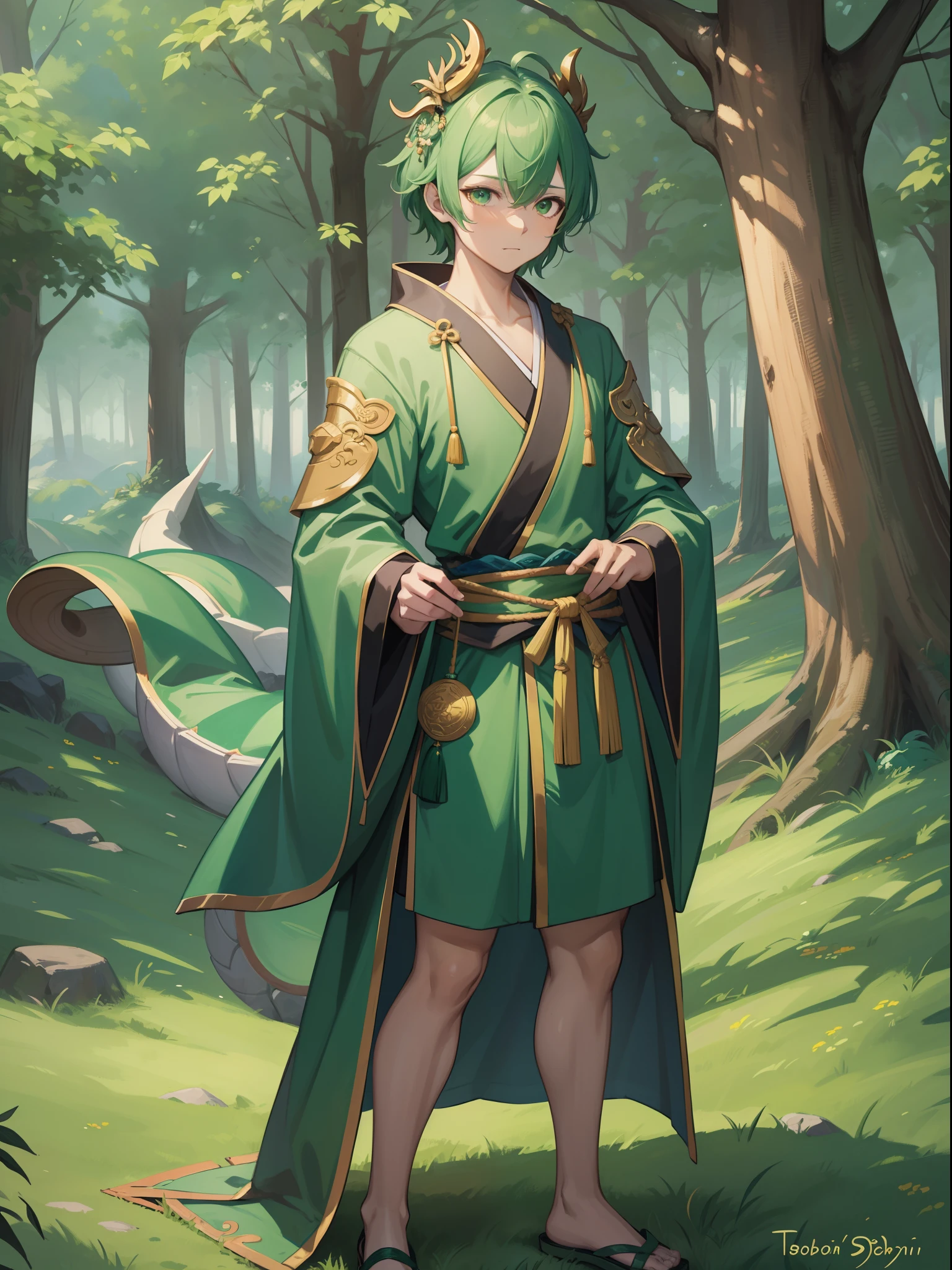 character portrait closeup,sketching,.tchibi,green pupills, full bodyesbian,standing on your feet,Robe,Hanfu,green color,Chinese dragon green background,full bodyesbian,Faraway view,Green forest dragon surrounds background,full bodyesbian,Men's green shoes,robe,standing on your feet,gentleman