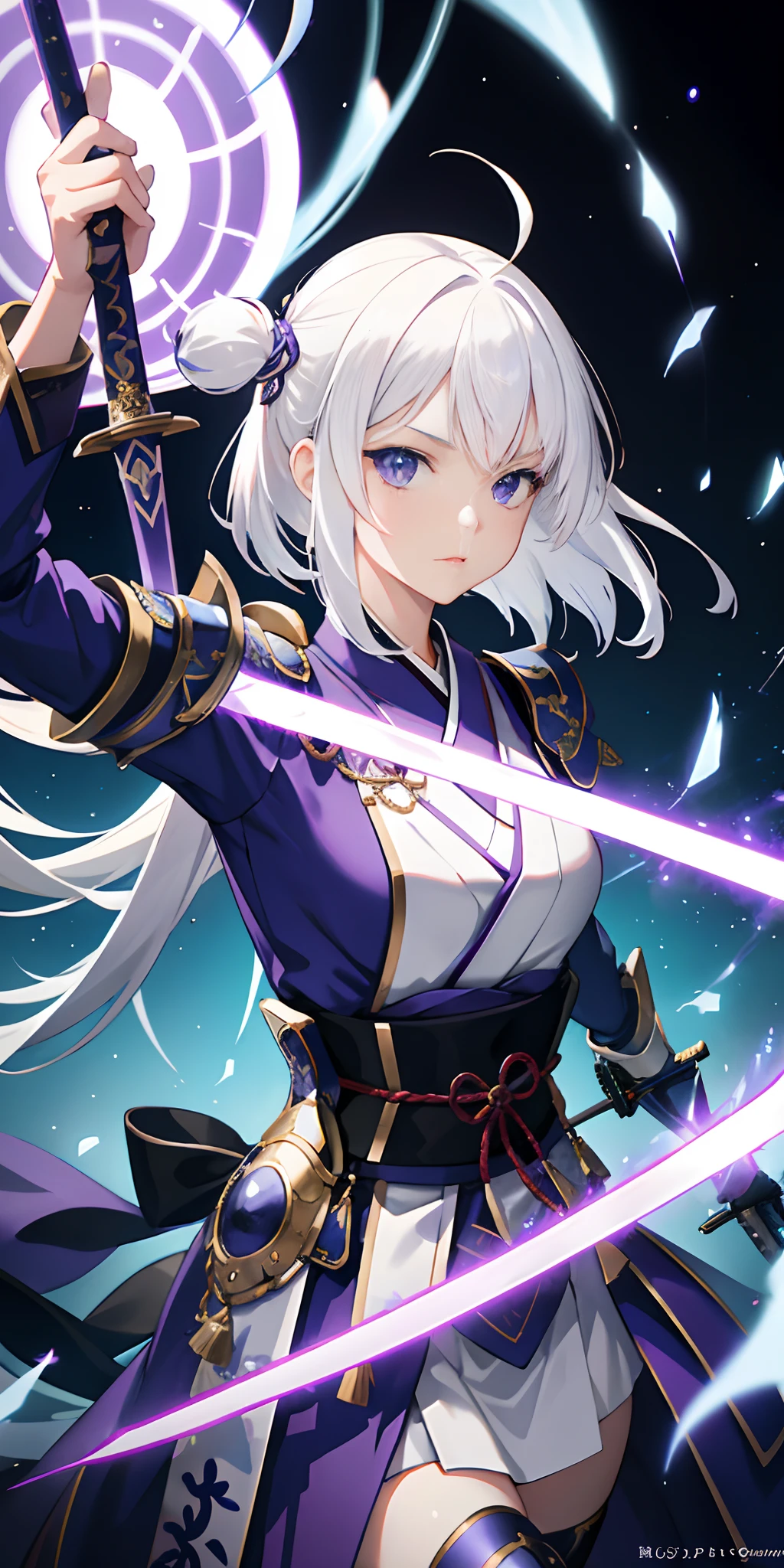 1girl, japanese armor, white hair, purple eyes, sword, ((holding sword)), blue flames, glowing weapon, light particles, wallpaper, chromatic aberration
