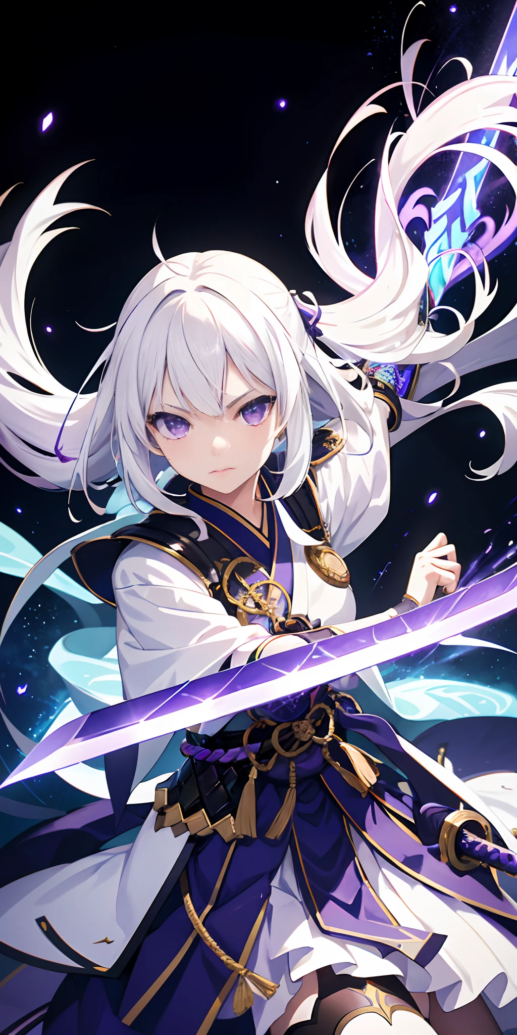 1girl, japanese armor, white hair, purple eyes, sword, ((holding sword)), blue flames, glowing weapon, light particles, wallpaper, chromatic aberration