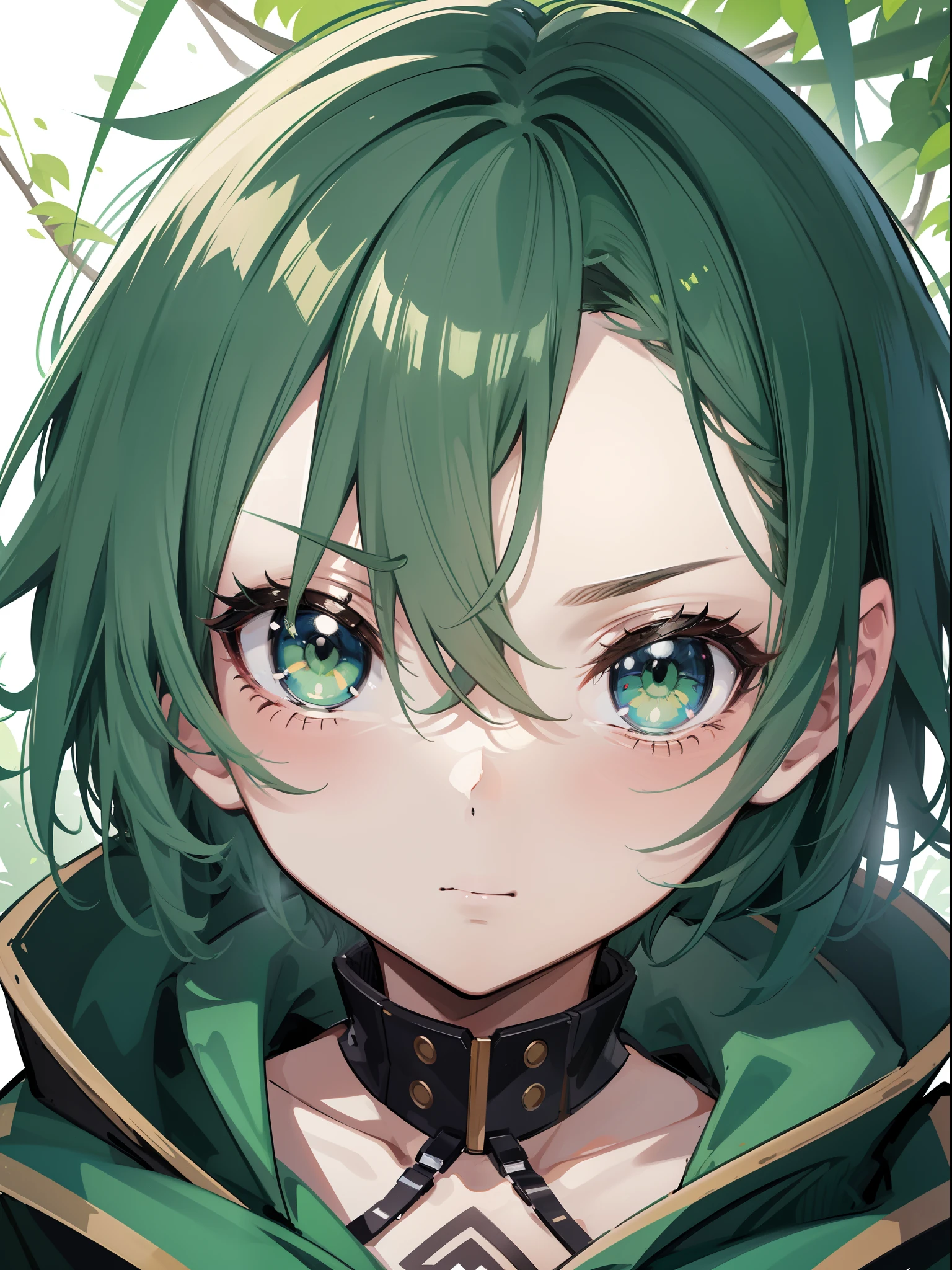 character portrait closeup，sketching，.tchibi， Green hair，Dark green pupils, tilts your head，avatar close up，Green forest background，Detailed facial depiction，lti kid，Fierce eyes，Back head，short detailed hair，Boy combing hair，cruel