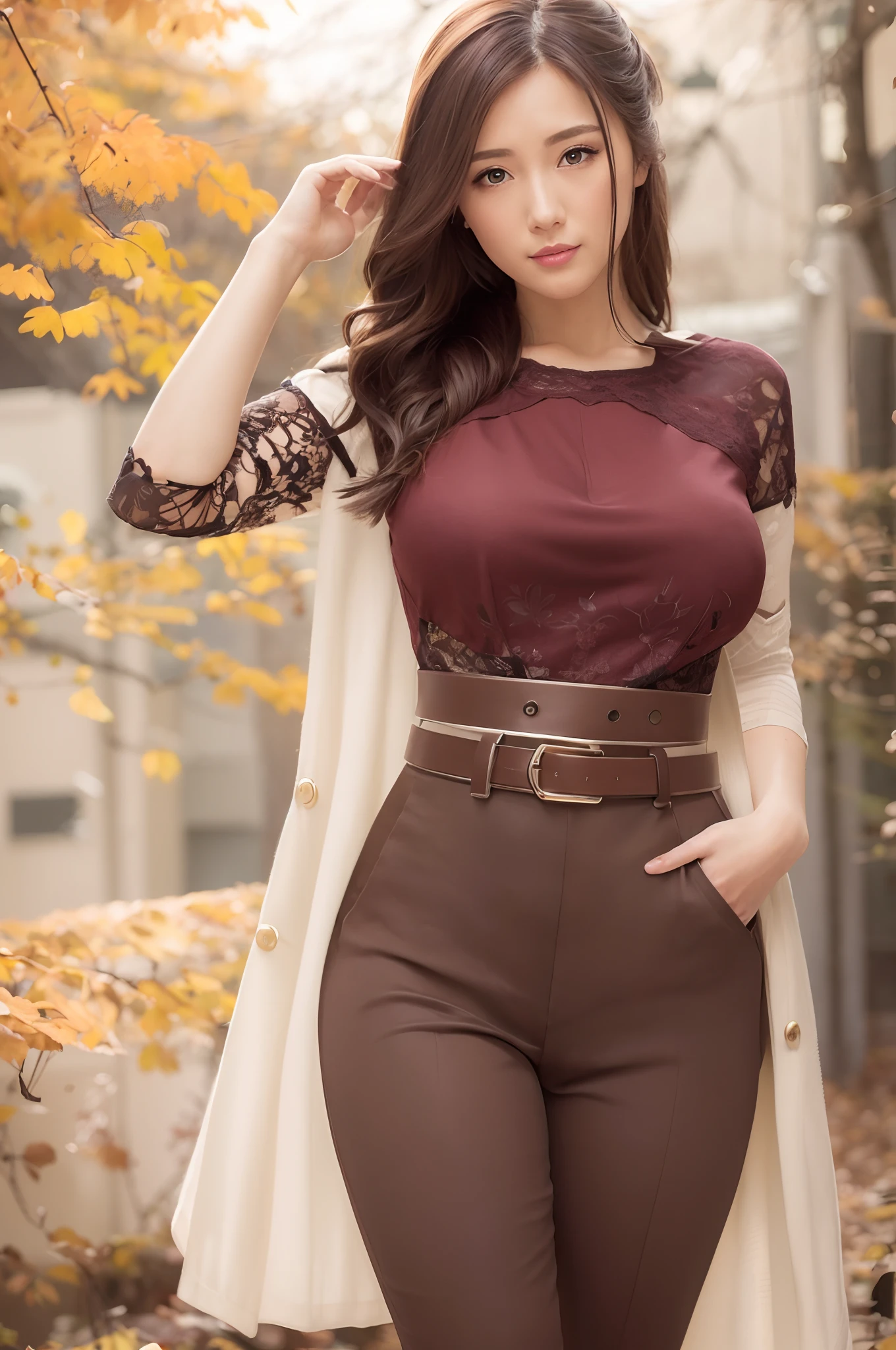 autumnal，Landscape of autumn leaves、Falling leaves，((Lace tops、Tailored pants、a belt))、depth of fields，Real Light，Ray traching，OC Renderer，UE5 Renderer，Hyper-realistic，best qualtiy，8K，Works of masters，super-fine，Correct anatomy、(Best Quality, 4K, masutepiece: 1.3), Beautuful Women、Hyper-realistic, 1girl in,hyperdetailed face,Detailed eyes,二重まぶた, (Beautiful detailed lips),Sexy face,Women of Alafe,25-years old、