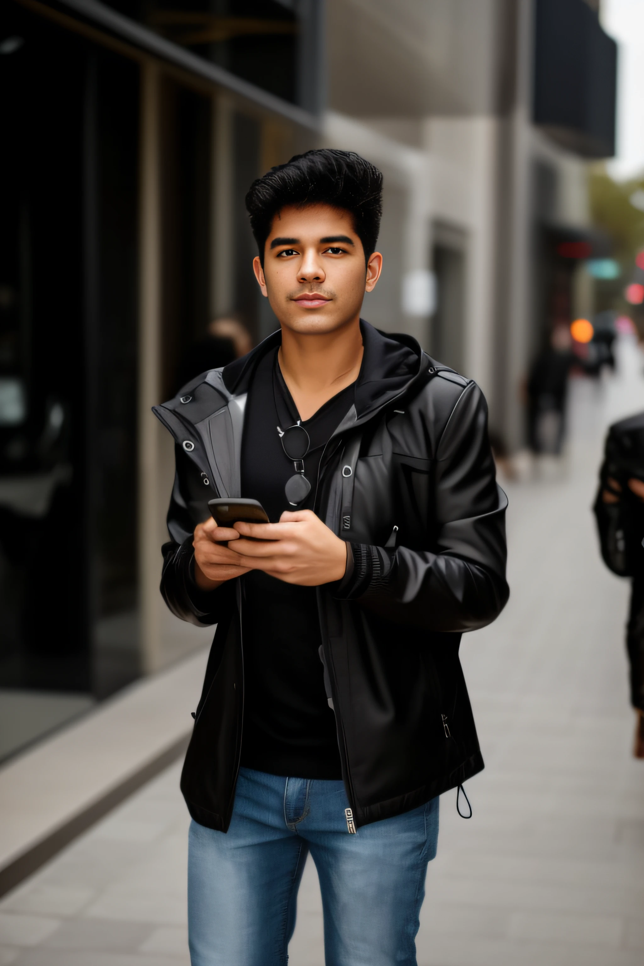 arafed man 35yo strong body in a black jacket and sunglasses standing on a sidewalk, wearing jeans and a black hoodie, wearing a black jacket, young man with medium - length, jayison devadas, a man wearing a black jacket, he is holding a smartphone, in city street, looking at his phone, wearing a leather jacket, mid shot portrait, wearing a fancy black jacket