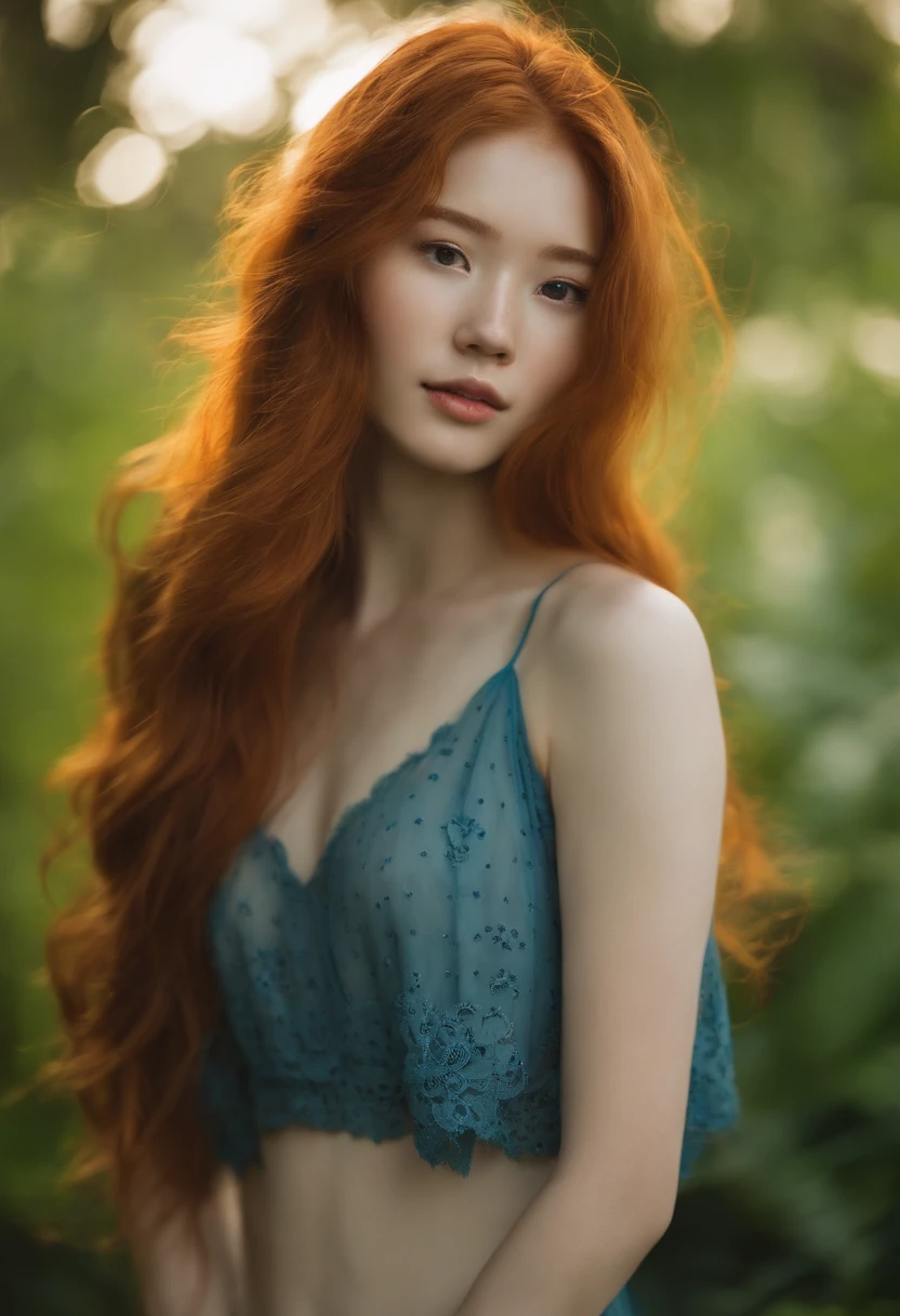 messy long flowing ginger hair, asian redhead ginger girl (18 years old), (freckles, pale skin), defined jawline, smaller head, gorgeous and seductive, wearing sukini,