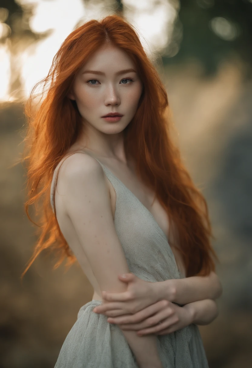 messy long flowing ginger hair, asian redhead ginger girl (18 years old), (freckles, pale skin), defined jawline, smaller head, gorgeous and seductive, wearing sukini (((nude, no underwear, nsfw)))