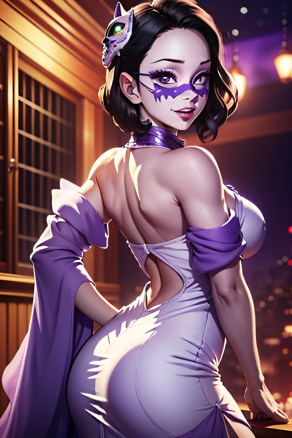 Princess Wearing a Tight Purple Dress posing to a picture, Royal japanese clothes, 8k Detailed Art, Very White Skin, Purple Coloured Eyes, Dead Eyes, Short Hair, Royal Bedroom Background, Black Coloured Hair, Gala Ball, Smiling with Lips Closed, Butt Big, Nighttime, Gala Mask, Wearing a White Mask.