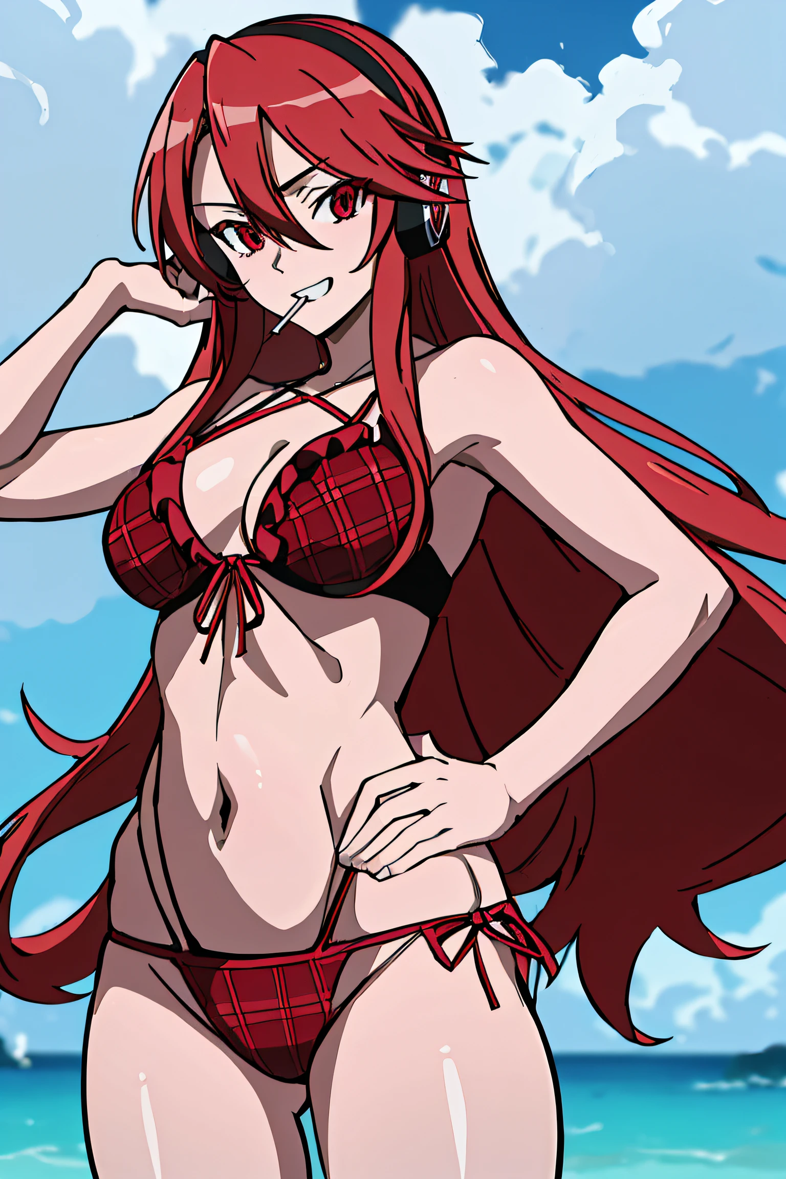 (absurdres, 8k, 4k, masterpiece, hyper extreme detailed:1.2), ((masterpiece,best quality)), absurdres, anime character, girl, female, woman, girls, women, akame ga kill, akamegakill, akame ga kill!, chelsea long hair red hair red eyes ribbon headphones plaid mouth hold lollipop, swimsuit, frilly swimsuit, bikini, beach background, hand on hip,