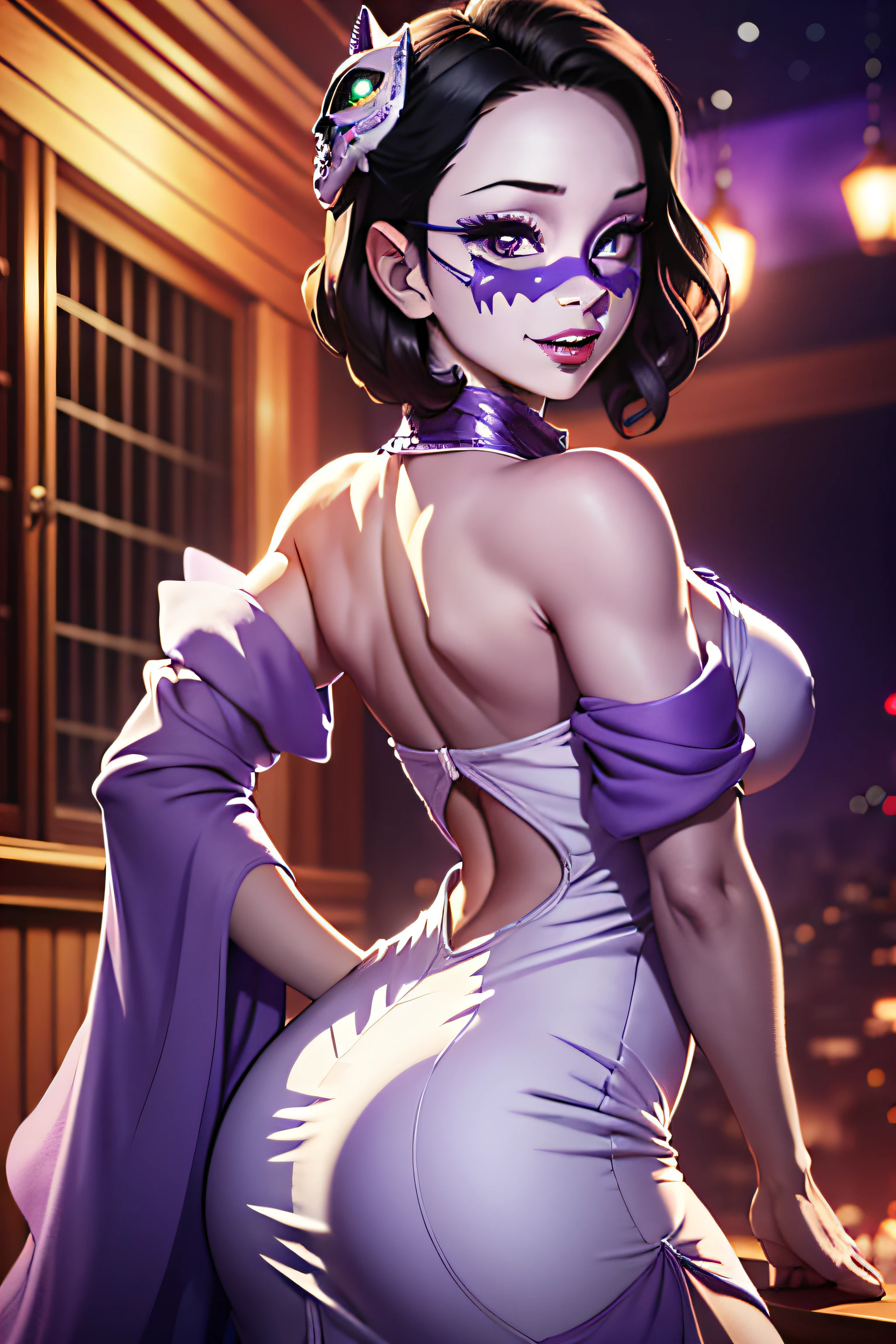 Princess Wearing a Tight Purple Dress posing to a picture, Royal japanese clothes, 8k Detailed Art, Very White Skin, Purple Coloured Eyes, Dead Eyes, Short Hair, Royal Bedroom Background, Black Coloured Hair, Gala Ball, Smiling with Lips Closed,  Big, Nighttime, Gala Mask, Wearing a White Mask.