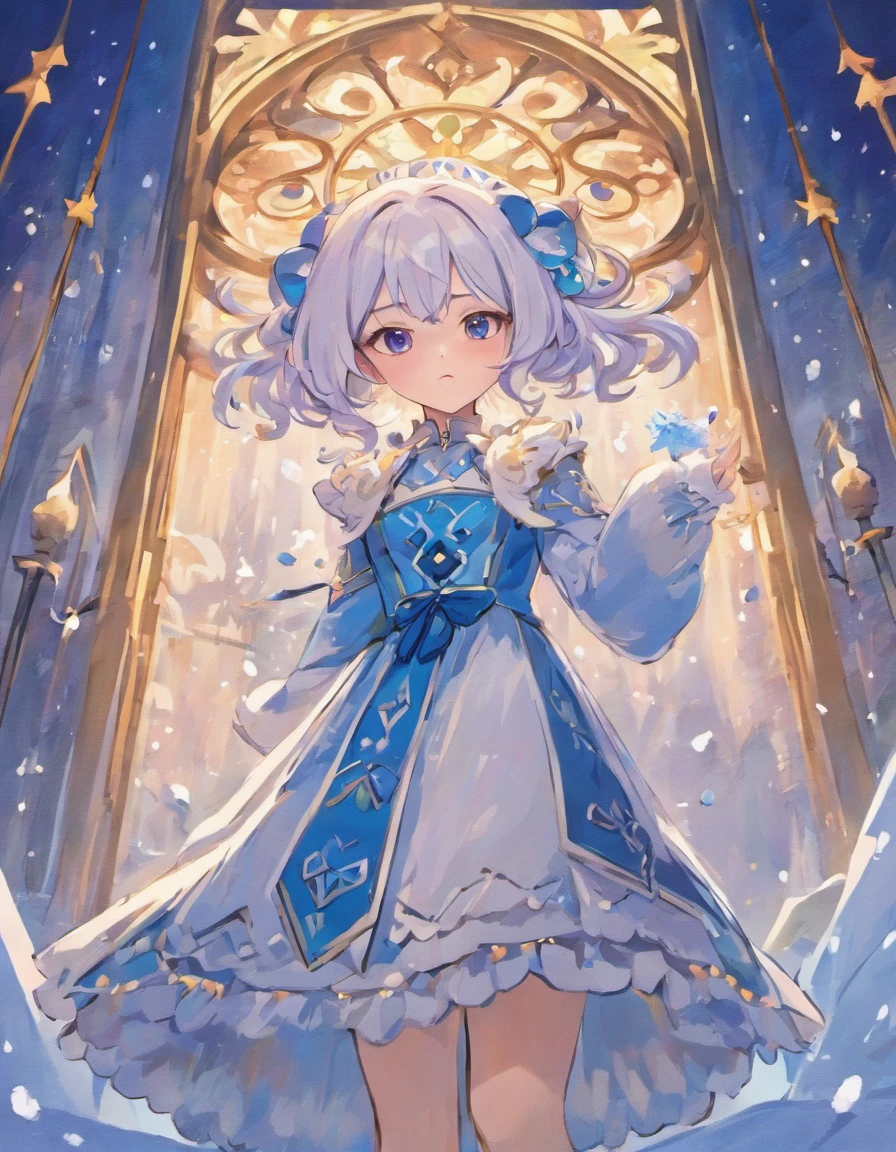 Planned theme is winter. Uma garota de cabelos brancos e olhos cor de mel sentada em um bloco de gelo. Vestido estilo vitoriano azul escuro com detalhes em branco, cotton and wool material dating back to the Victorian era.