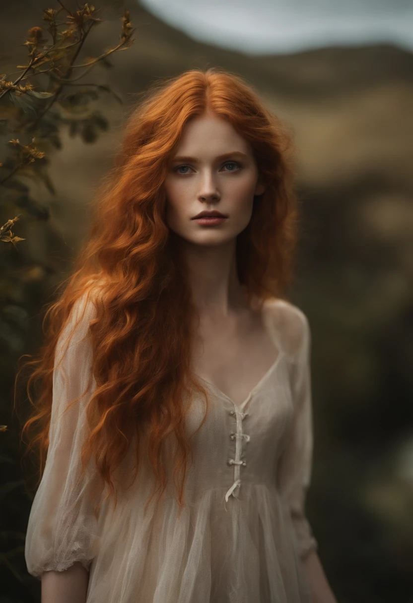 long ginger hair and flowing messy, ruiva gengibre (23 anos), (Sardas, pale skin), Jawline definido, smaller head, lindo e sedutor, vestindo sukini,