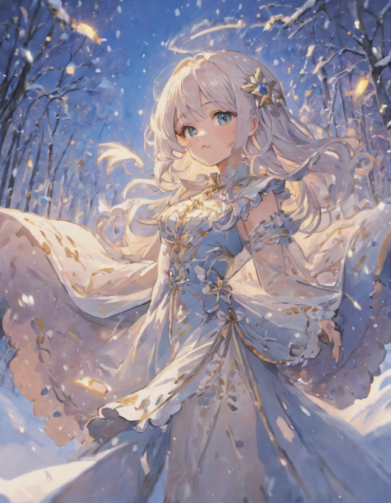 Planned theme is winter. Uma garota de cabelos brancos e olhos cor de mel sentada em um bloco de gelo. Vestido estilo vitoriano azul escuro com detalhes em branco, cotton and wool material dating back to the Victorian era.