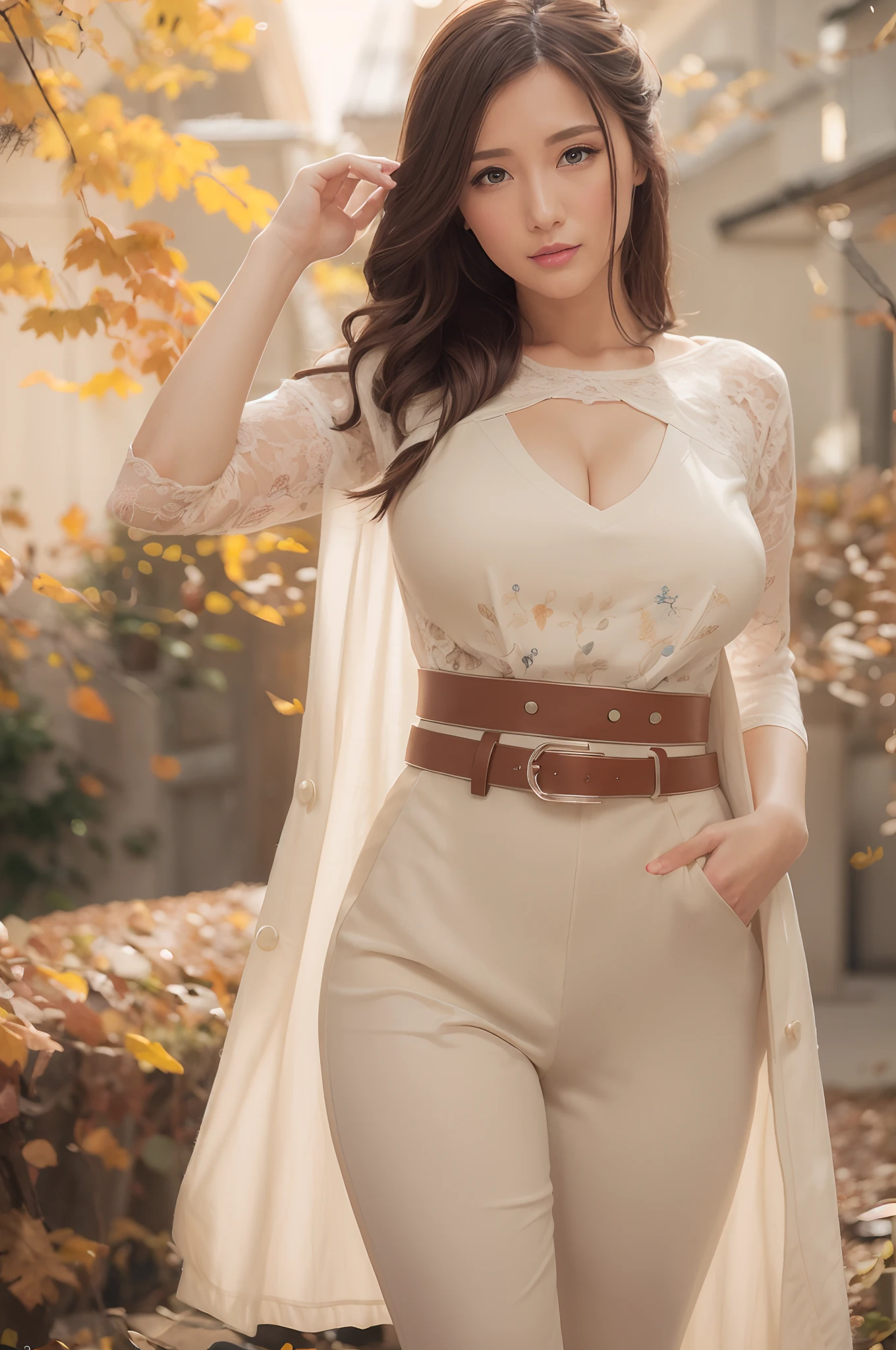 autumnal，Landscape of autumn leaves、Falling leaves，((Lace tops、Tailored pants、a belt))、depth of fields，Real Light，Ray traching，OC Renderer，UE5 Renderer，Hyper-realistic，best qualtiy，8K，Works of masters，super-fine，Correct anatomy、(Best Quality, 4K, masutepiece: 1.3), Beautuful Women、Hyper-realistic, 1girl in,hyperdetailed face,Detailed eyes,二重まぶた, (Beautiful detailed lips),Sexy face,Women of Alafe,25-years old、