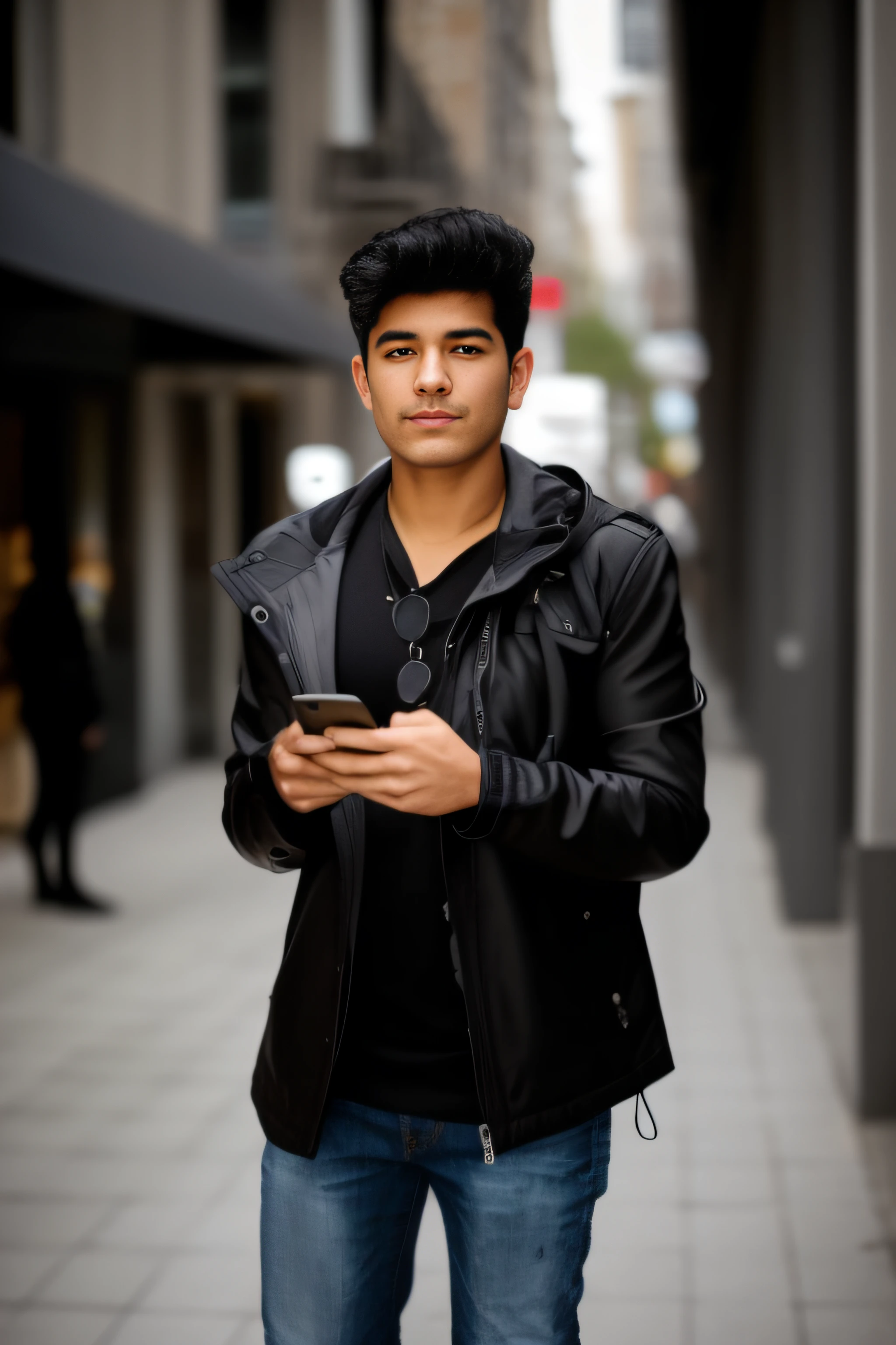 arafed man 35yo strong  body in a black jacket and sunglasses standing on a sidewalk, wearing jeans and a black hoodie, wearing a black jacket, young man with medium - length, jayison devadas, a man wearing a black jacket, he is holding a smartphone, in city street, looking at his phone, wearing a leather jacket, mid shot portrait, wearing a fancy black jacket