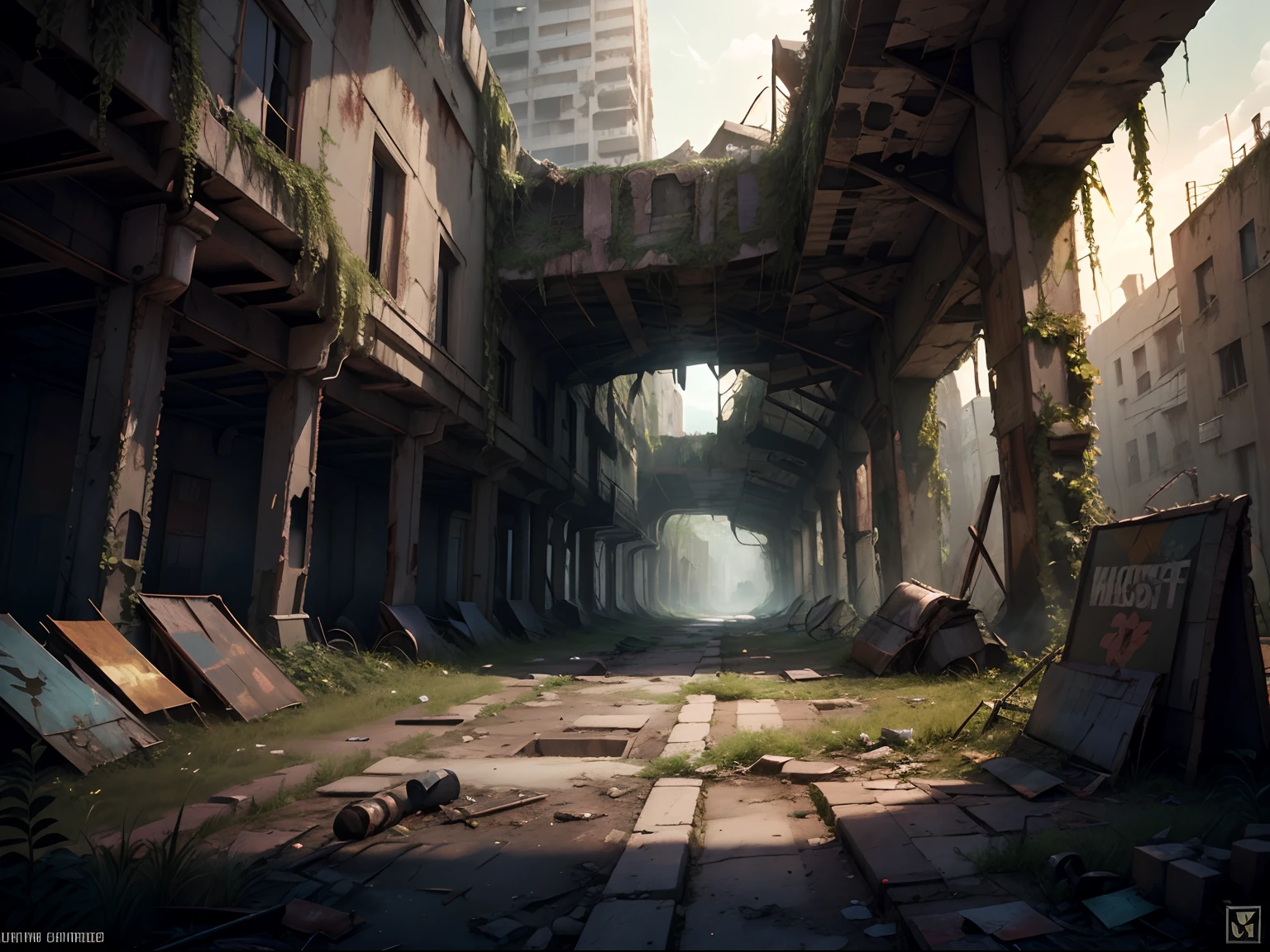 Concept art for a post-apocalyptic world with ruins, overgrown vegetation, and a lone survivor