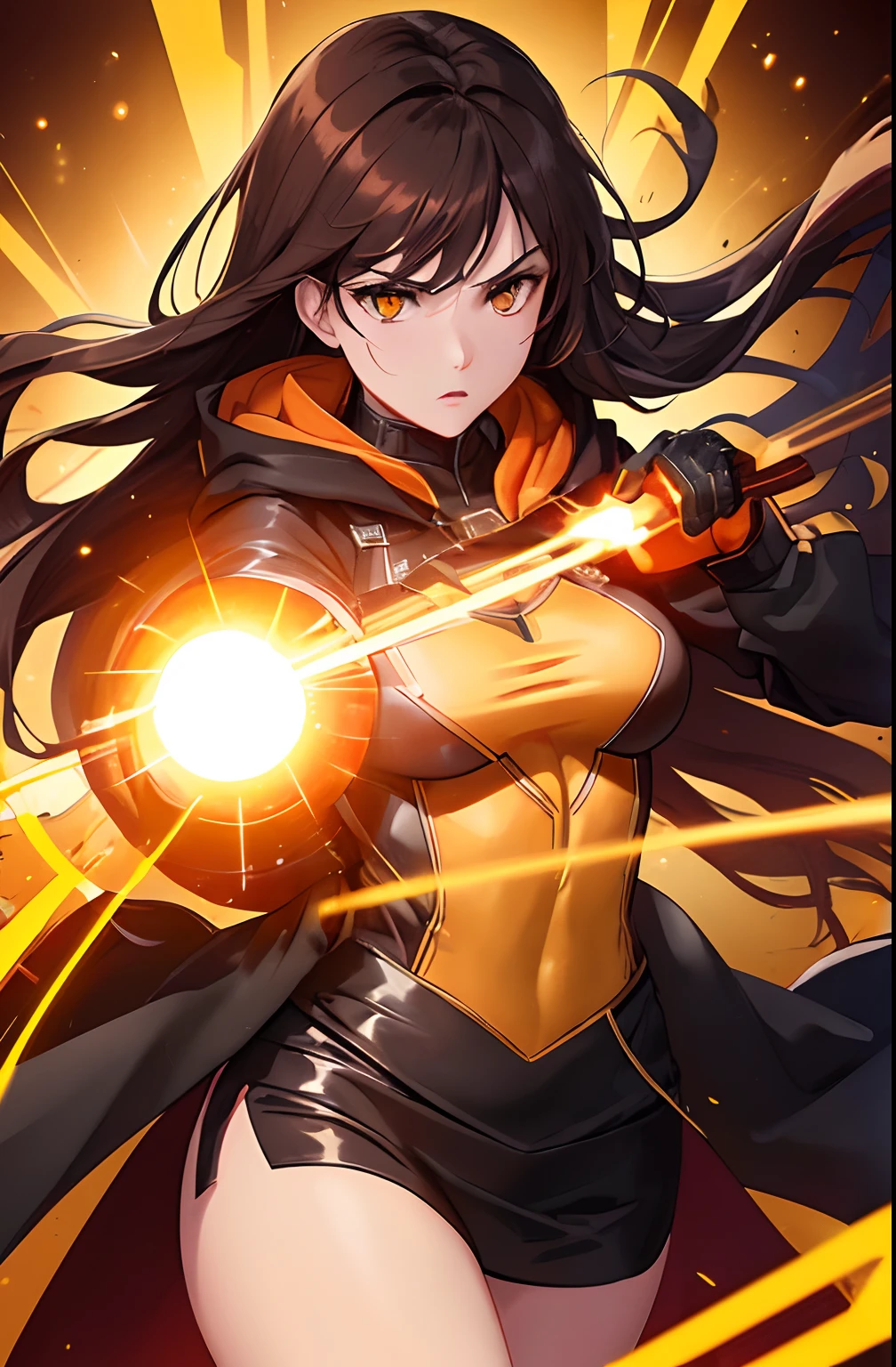 kk, best quality, more details, masterpiece, 1 girl, female focus, solo, An assassin woman in a black hooded suit, she creates a fireball in her hand, brown background, orange eyes, long hair, brown hair, looking at viewer, luxurious, 8k, detailed, ray tracing, depth of field, cinematic lighting, Simple yellow lines, simplified.