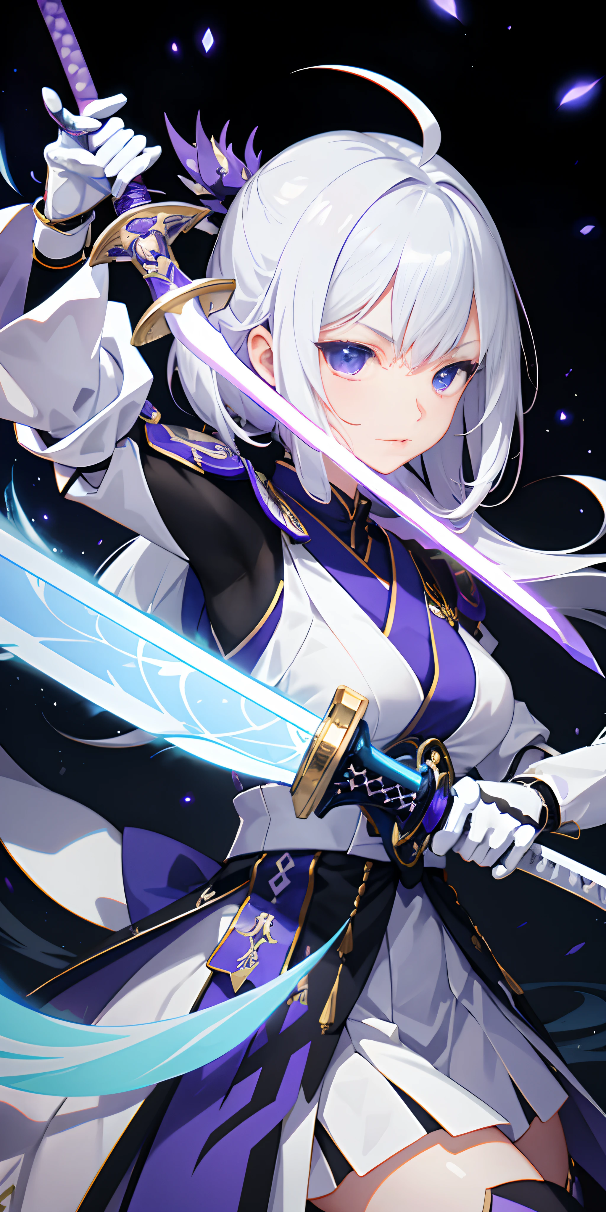 1girl, japanese armor, white hair, purple eyes, sword, ((holding sword)), blue flames, glowing weapon, light particles, wallpaper, chromatic aberration