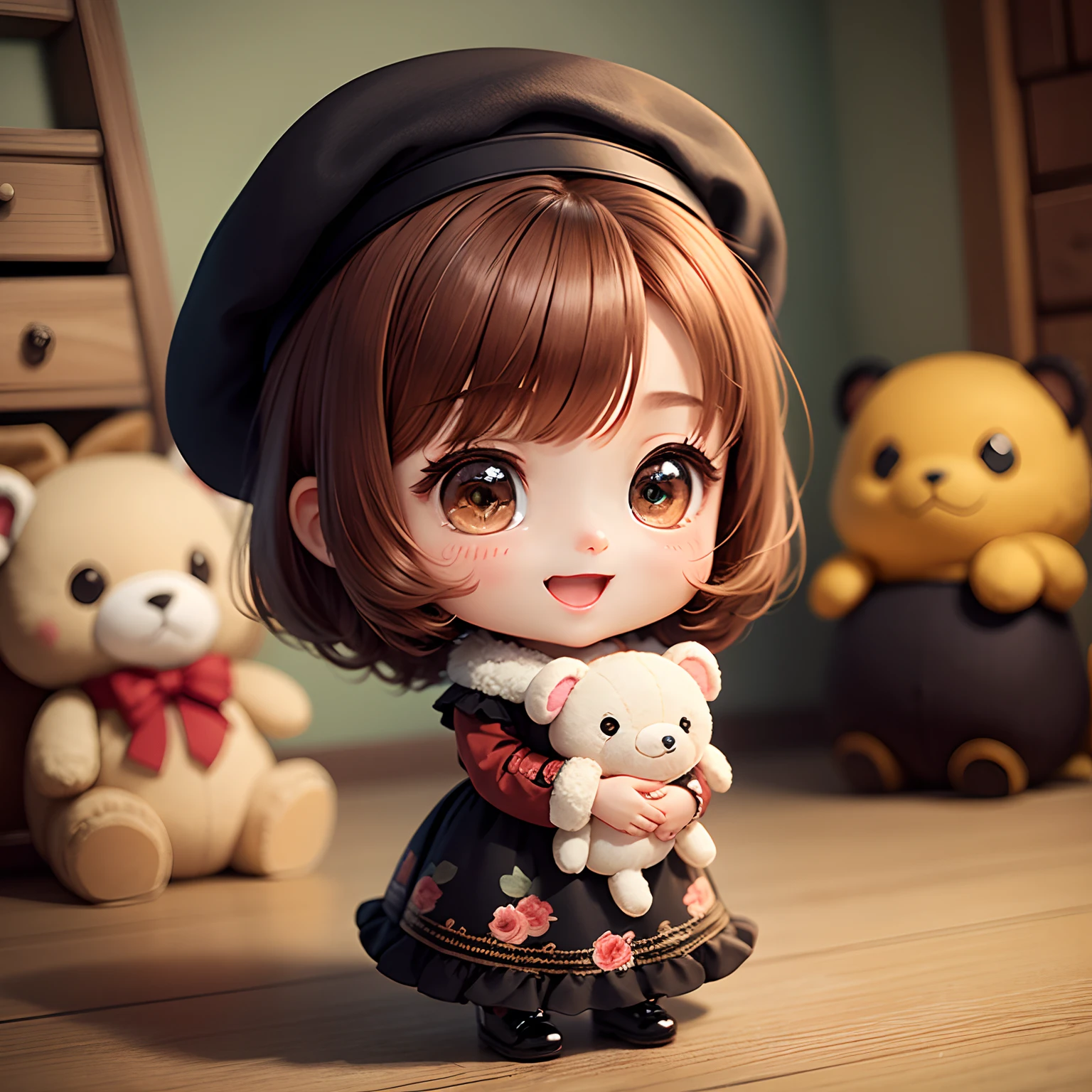 ​masterpiece、top-quality、ultra-detailliert、（Chibi Chara's Daughter:1.2）、Red-brown hair、Black beret、Retro floral dress、Chibi Living、Open your mouth and smile、Standing、Dragging stuffed animals、Fluffy stuffed animals、