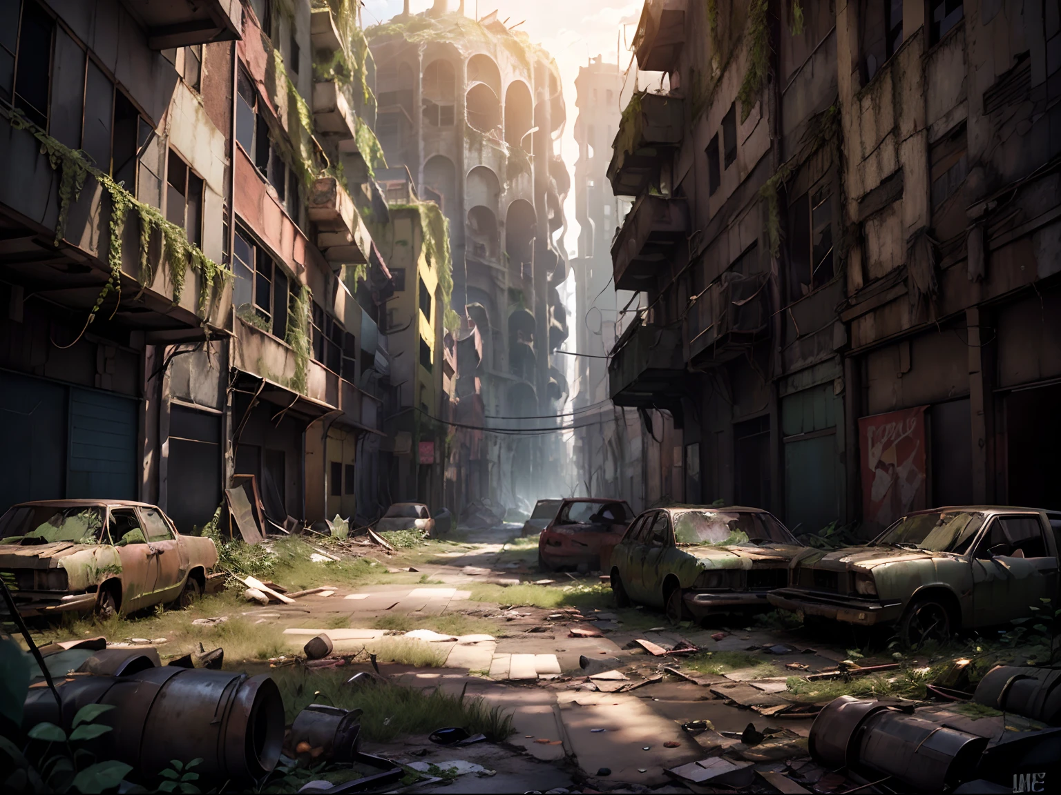 Concept art for a post-apocalyptic world with ruins, overgrown vegetation, and a lone survivor