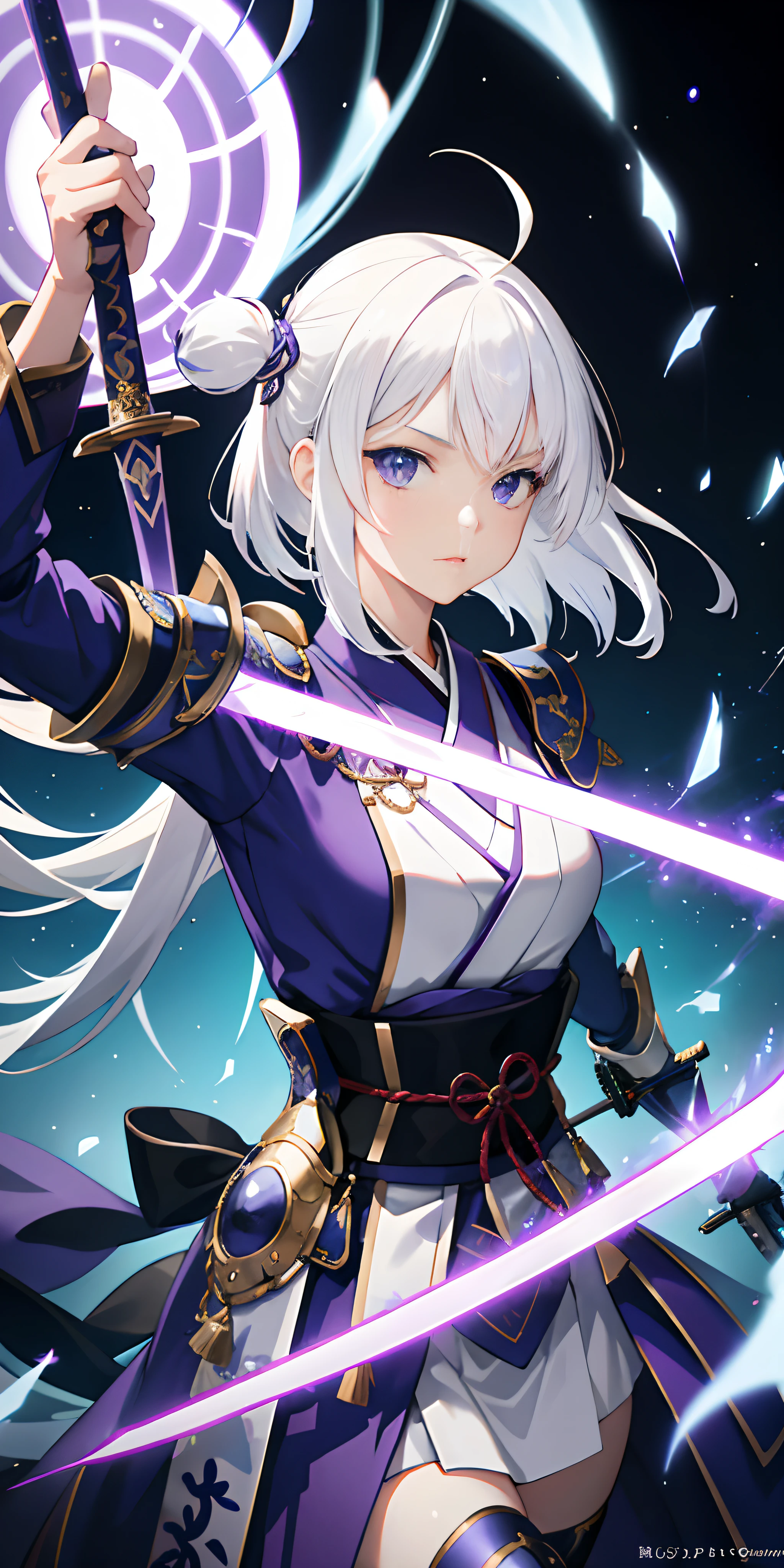 1girl, japanese armor, white hair, purple eyes, sword, ((holding sword)), blue flames, glowing weapon, light particles, wallpaper, chromatic aberration