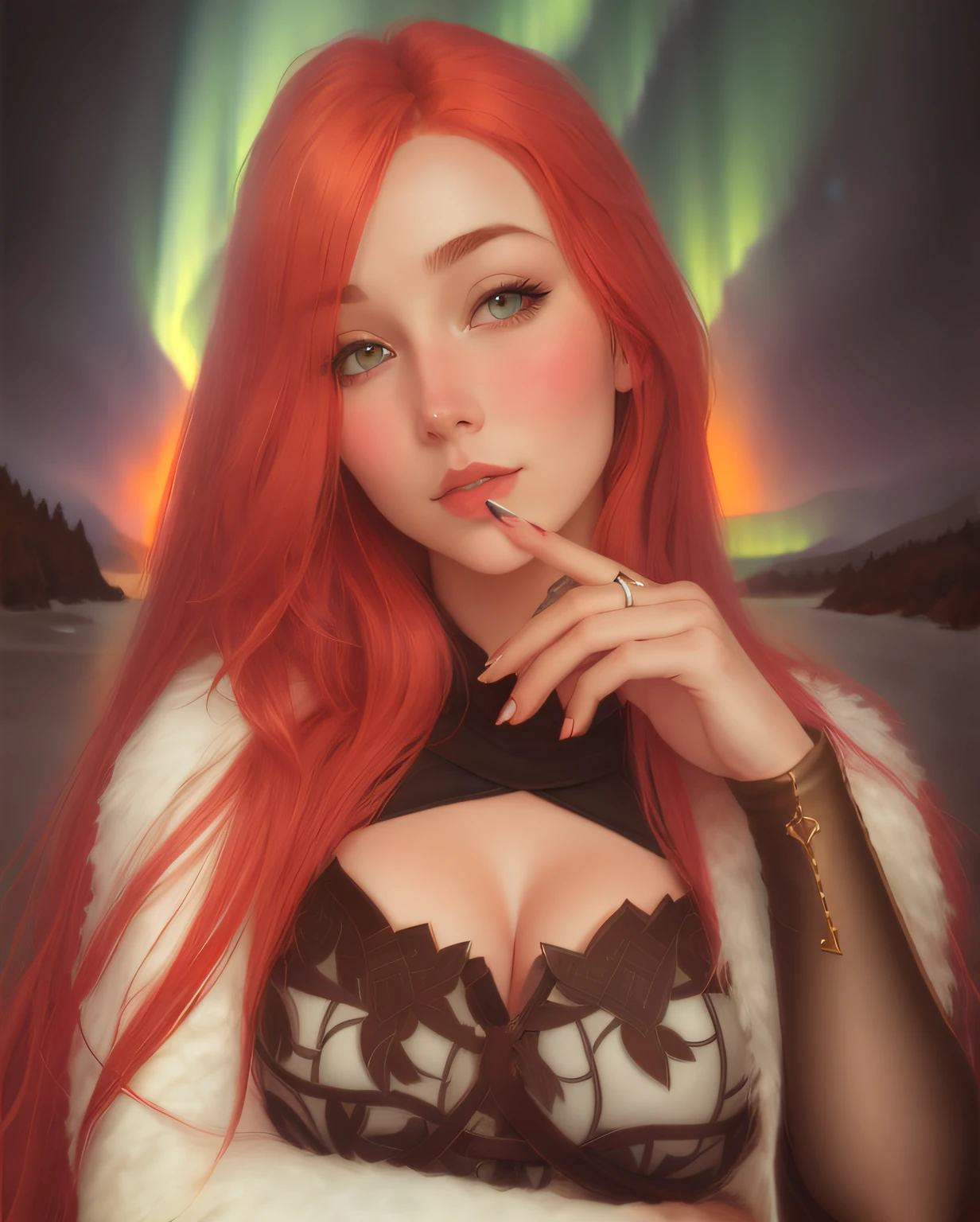 Create a Nordic-style image with red hair, mulher viking de olhos azuis. Ela deve ter tinta de guerra na forma de estrias em ambos os olhos, vestida com pele de animal nos ombros e armadura de couro. She should have a medium-sized bust and a female athletic body. in her hands, she's holding Mjölnir with fragments of lightning around her. Defina a cena em uma neve, Night atmosphere with the aurora borealis in the sky. Artistas: John Bauer, Carl Larsson, e Theodor Kittelsen.