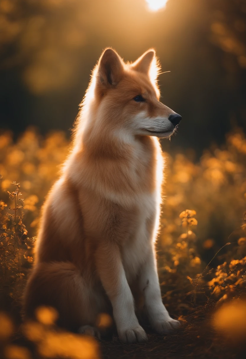 A close up of a dog sitting in a field of flowers - SeaArt AI