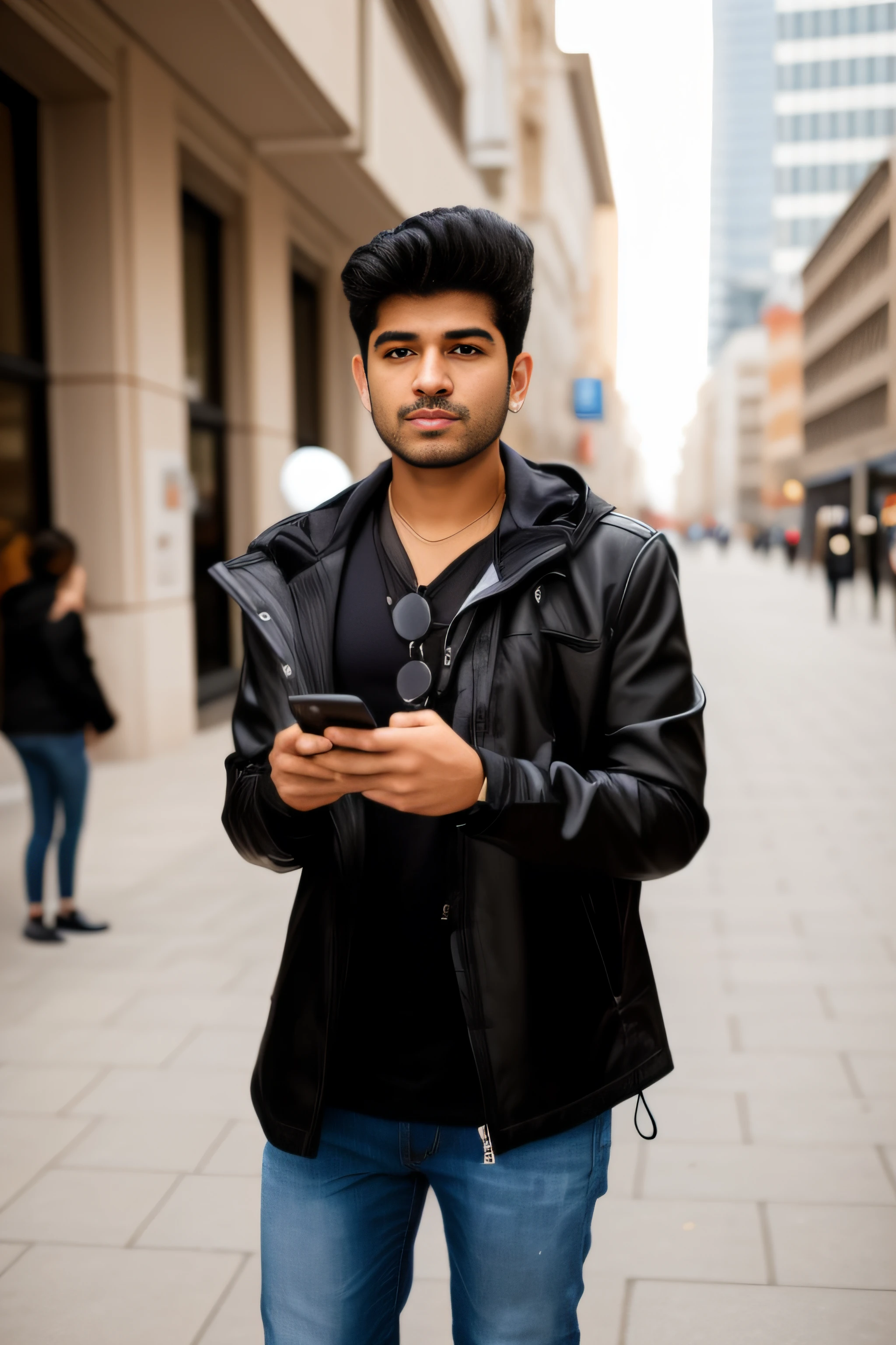 arafed man 35yo strong  body in a black jacket and sunglasses standing on a sidewalk, wearing jeans and a black hoodie, wearing a black jacket, young man with medium - length, jayison devadas, a man wearing a black jacket, he is holding a smartphone, in city street, looking at his phone, wearing a leather jacket, mid shot portrait, wearing a fancy black jacket