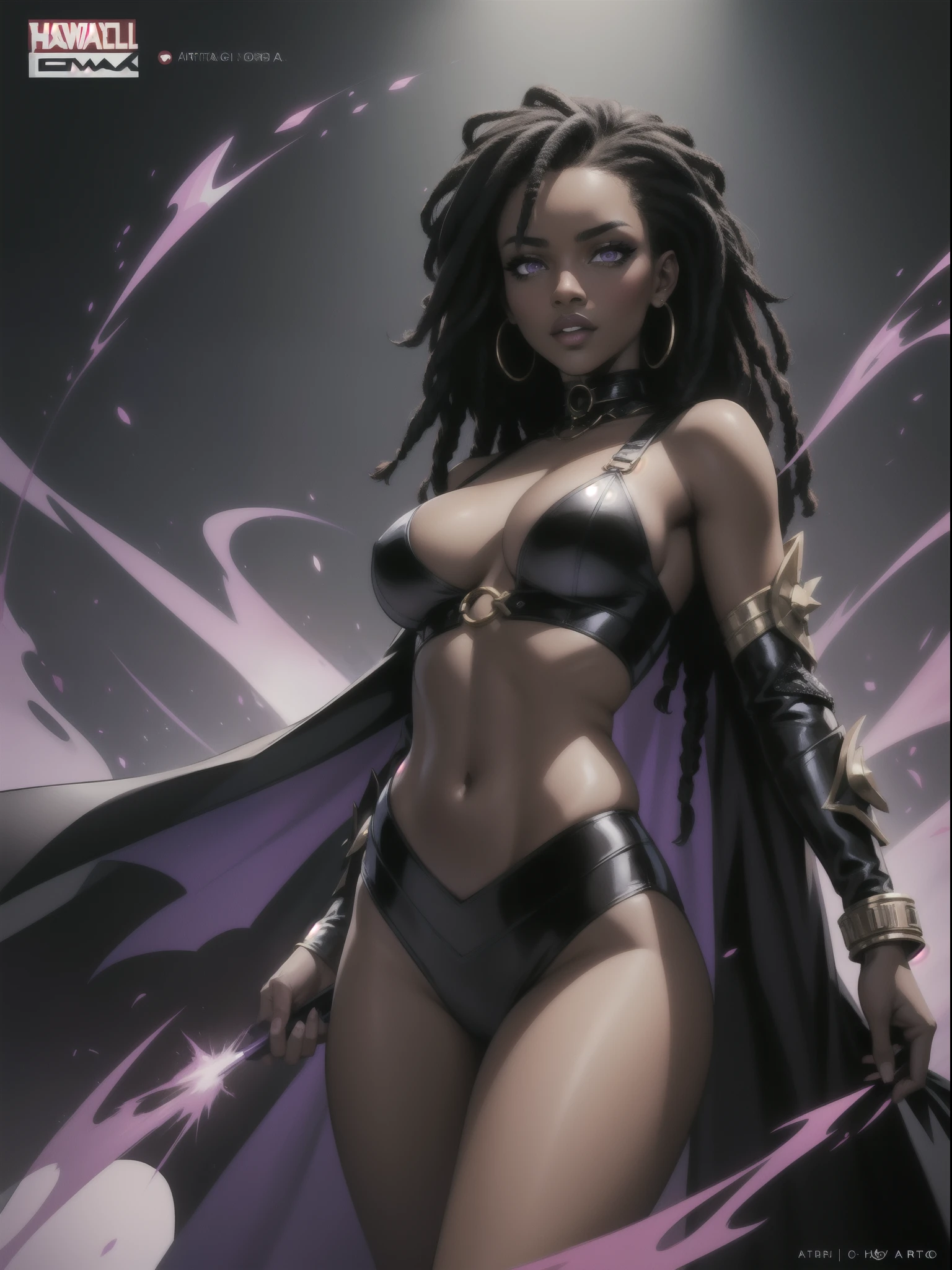 Comic Book Style Portrait of an African-American female, with dark black dreadlocks, purple eyes, super villain, dark skin, lust demon, sexy villainess, skimpy combat attire, cloaked, perfect composition, hyper-detailed, 8K, high quality, perfect eyes, trending art, trending on artstation, sharp focus, studio photo, intricate details, by Matteo Scalera