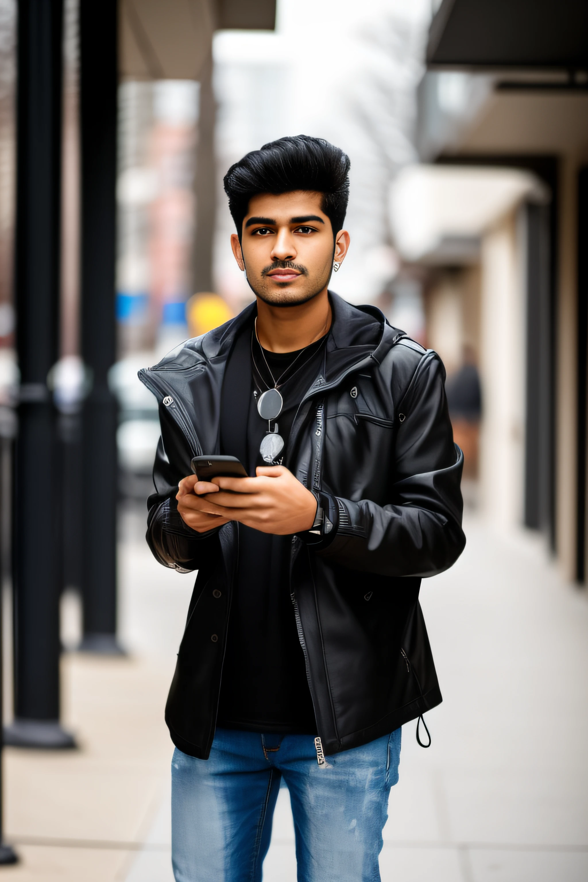 arafed man in a black jacket and sunglasses standing on a sidewalk, wearing jeans and a black hoodie, wearing a black jacket, young man with medium - length, jayison devadas, a man wearing a black jacket, he is holding a smartphone, in city street, looking at his phone, wearing a leather jacket, mid shot portrait, wearing a fancy black jacket