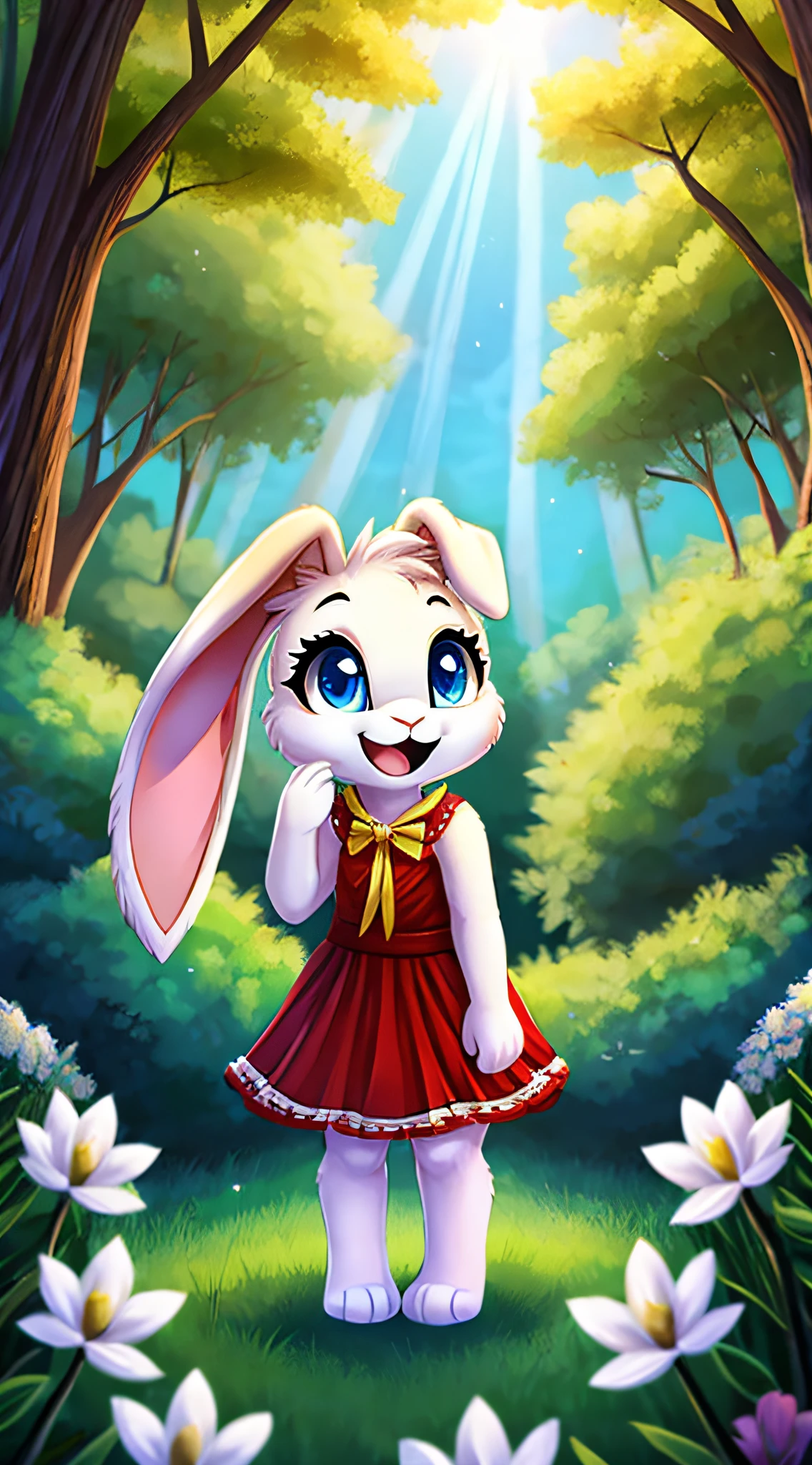 zoomed out image, fantasy style art, cute, adorable, short character, small, tiny little fluffy female white bunny with blue eyes, 4 ears, 2 extra ears, big floppy ears, long ears, ears perked up, raised ears, long eyelashes, poofy rabbit tail, wearing a red frilly ribbon dress, smiling, standing in a forest, big expressive smile, open mouth, wide eyes, excited eyes, excited face, stunning visuals, sunlight coming through the trees, white flowers scattered in the bushes, digital illustration