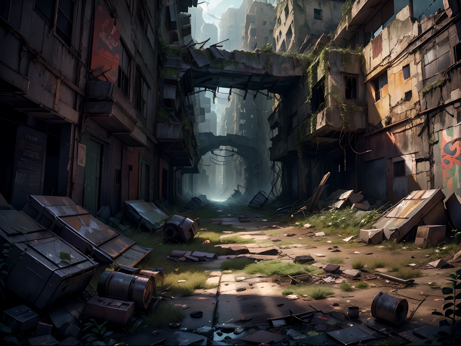 Concept art for a post-apocalyptic world with ruins, overgrown vegetation, and a lone survivor