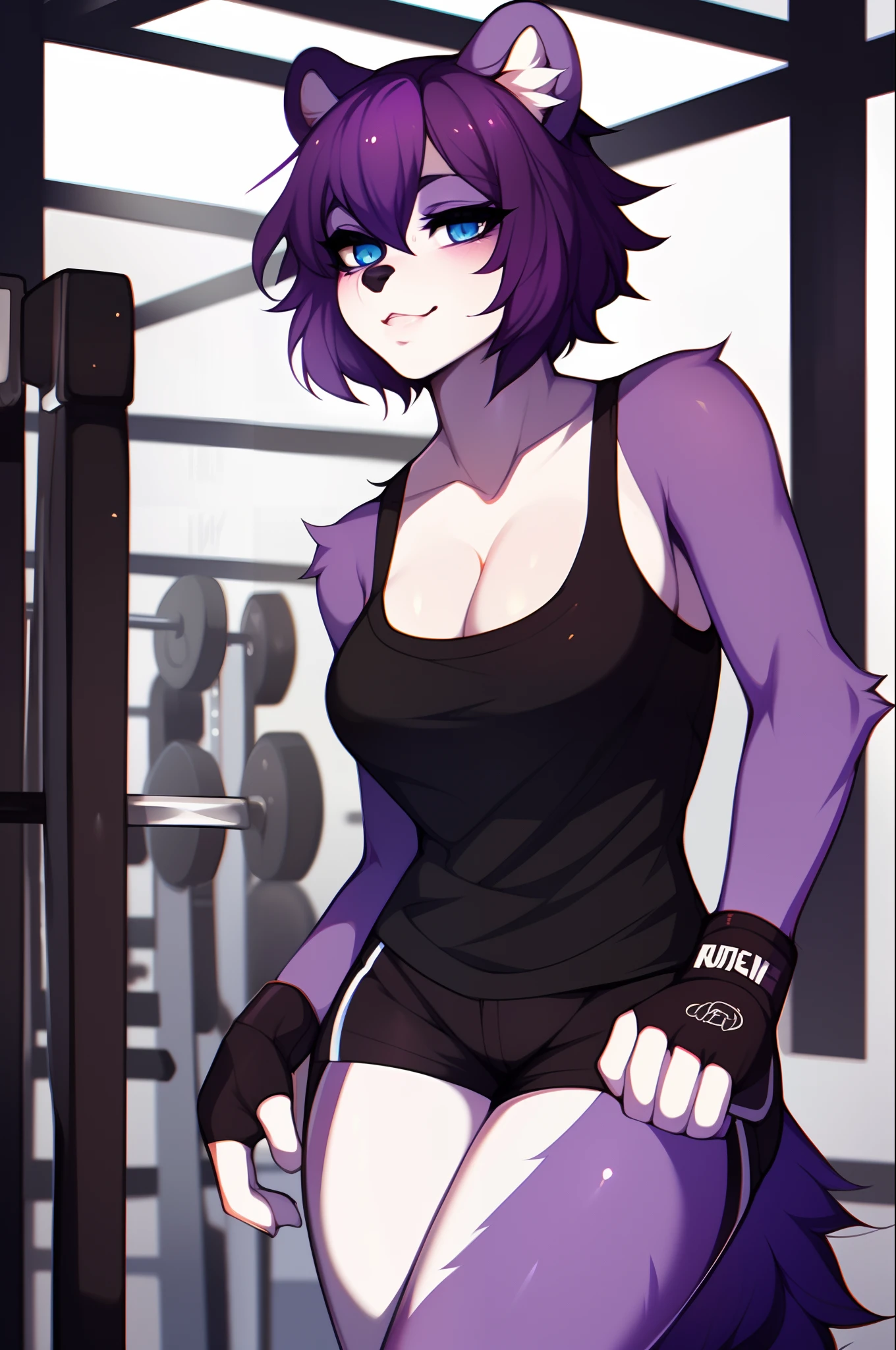 (By hyattlen, by fumiko, by claweddrip), solo, one girl, a purple anthro furry skunk girl, female, purple_body::1.2, white chest, black nose, (cute snout), (purple skunk tail)::1.2, ( short dark purple hair), blue eyes, highly detailed, wearing black short shorts, black tank top, ufc fighting gloves, standing,  at a gym, Muay Thai stance,