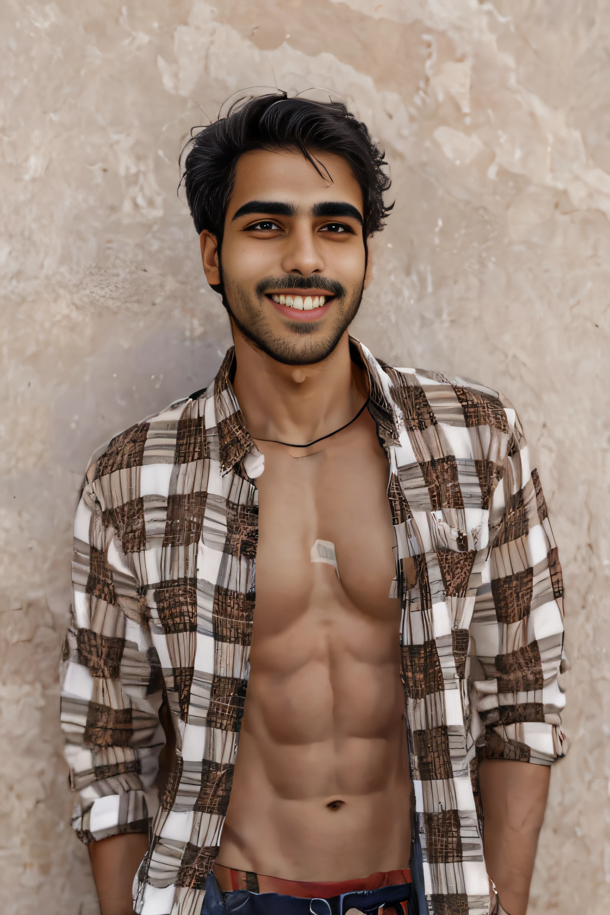 arafed Indian man standing on the beach smiling at the camera, wearing a flannel shirt, wearing a plaid shirt, smiling male, young spanish man, beautiful young man, wearing plaid shirt, attractive man, smiling man, attractive young man, portrait of a rugged young man, young greek man, portrait of beautiful young man, handsome young man, portrait of a young Indian male