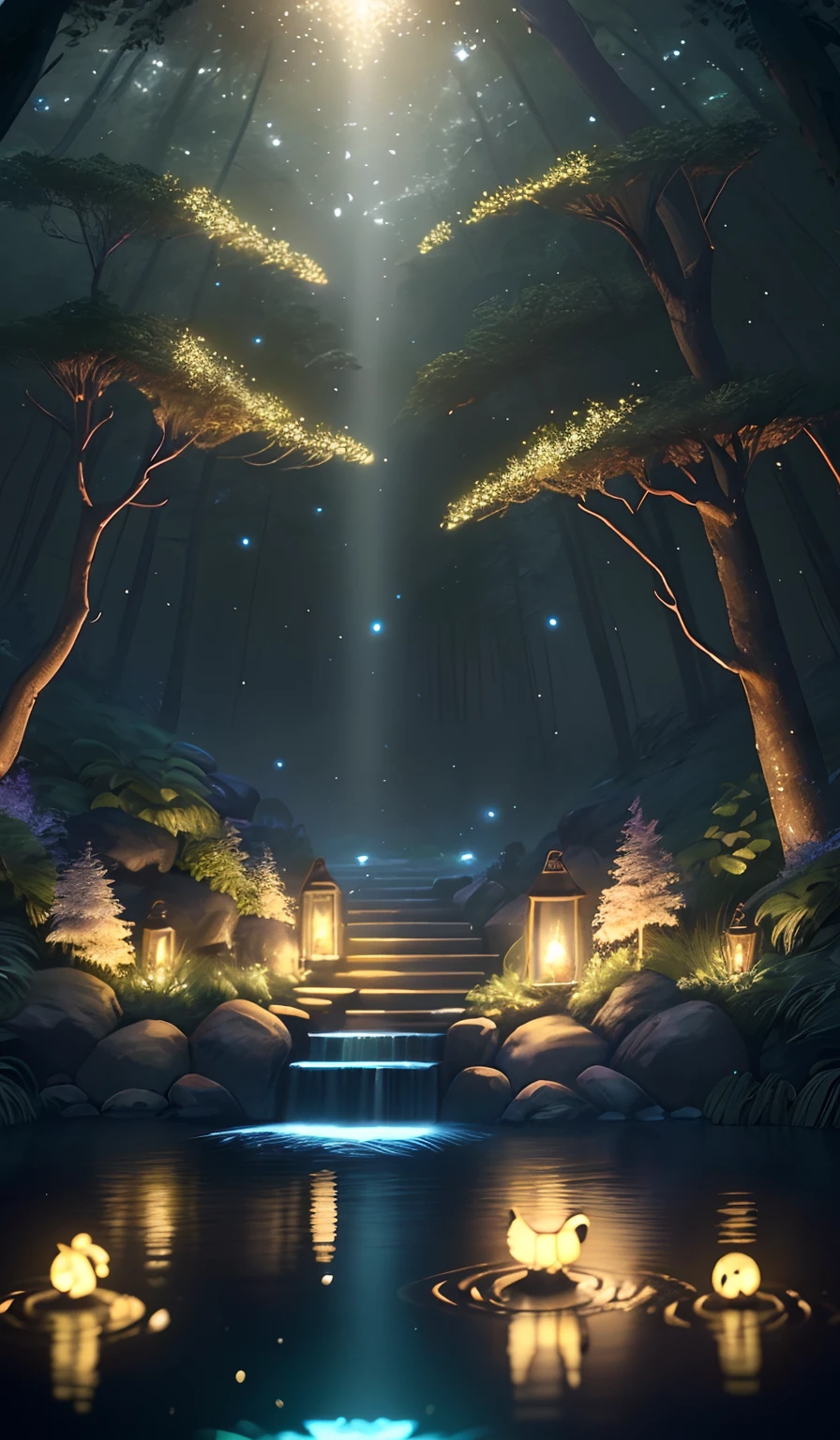 Masterpiece, best quality, (very detailed CG unity 8k wallpaper), (best quality), (best illustration), (best shadows), glow sprite, with a glowing deer, in the swimming pool Drinking water, natural elements in the forest theme. Mysterious forest, beautiful forest, nature, surrounded by flowers, delicate leaves and branches surrounded by fireflies (natural elements), (jungle theme), (leaves), (twigs), (fireflies), (particle effects) etc. 3D , Octane rendering, ray tracing, super detailed