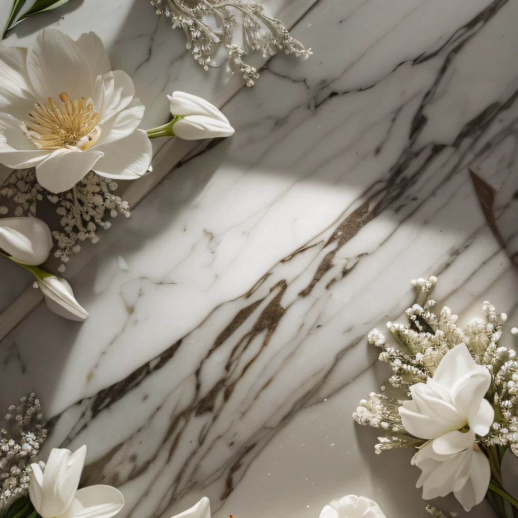 There are two white flowers on a marble table,  flowers inside of a marble, Carved marble texture silk cloth, Interior photo of white marble, Marble background, White marble texture, Highly detailed white marble, White marble, Marble reflection, Marble of Heaven, Highly detailed marble cloth, Polished white marble, Nothing is placed in the middle