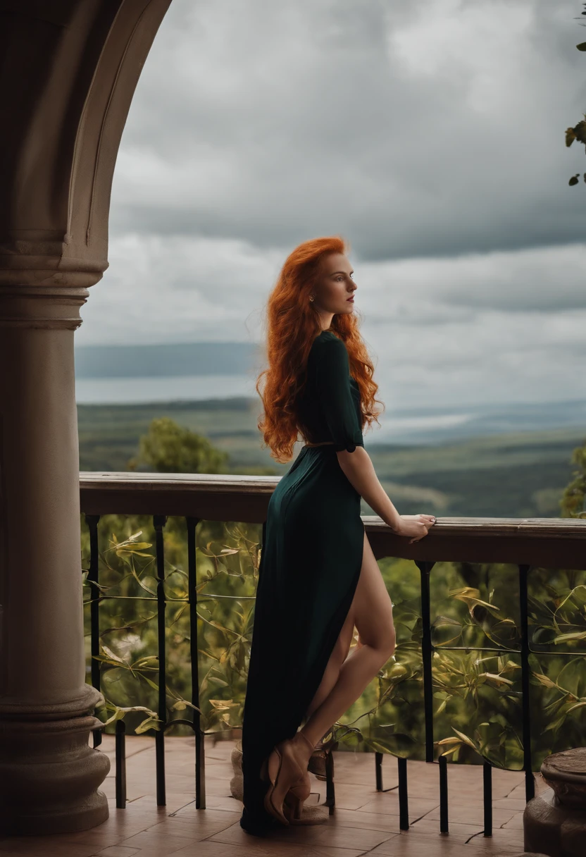 long ginger hair and messy flowing, Menina ruiva gengibre (23 anos), (sardas, pale skin), Linha do maxilar definida, smaller head, lindo e sedutor, vestindo preto, com o ambiente de um quarto de hotel de luxo
