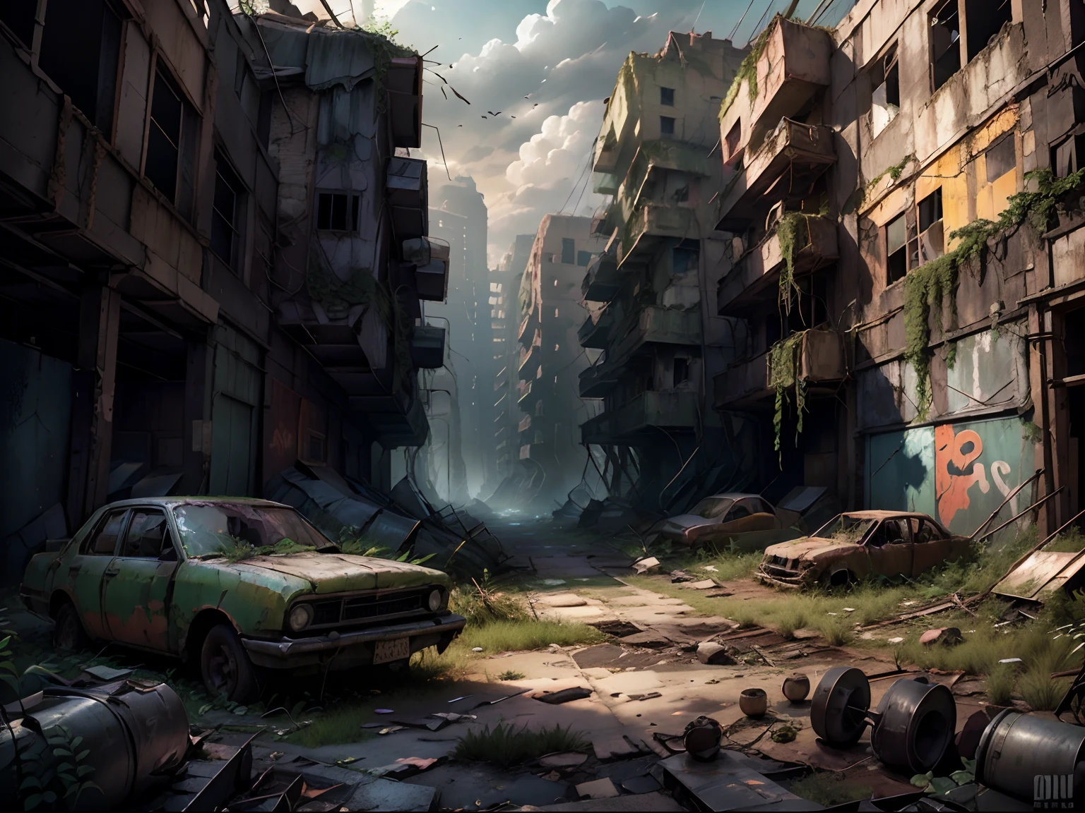 Concept art for a post-apocalyptic world with ruins, overgrown vegetation, and ((a lone survivor)), extremely detailed, cinematic lighting.