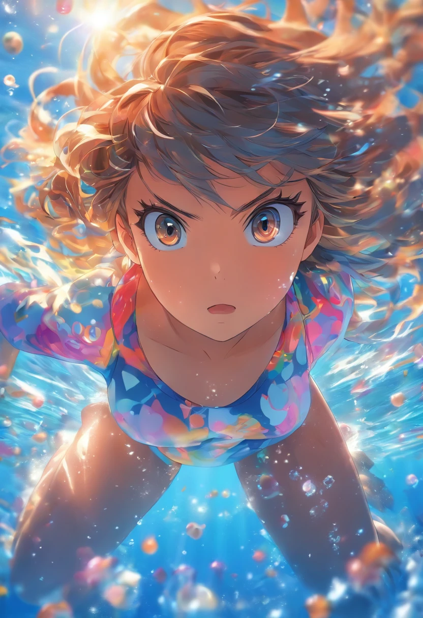 raccourcissement, profondeur de champ, Masterpiece, Best quality, 1fille, cheveux bruns, yeux bruns, cheveux longs, sous-marin, Air bubble, seulement, Regarder le spectateur, Maillot de bain scolaire, natation, dappled sunlight,