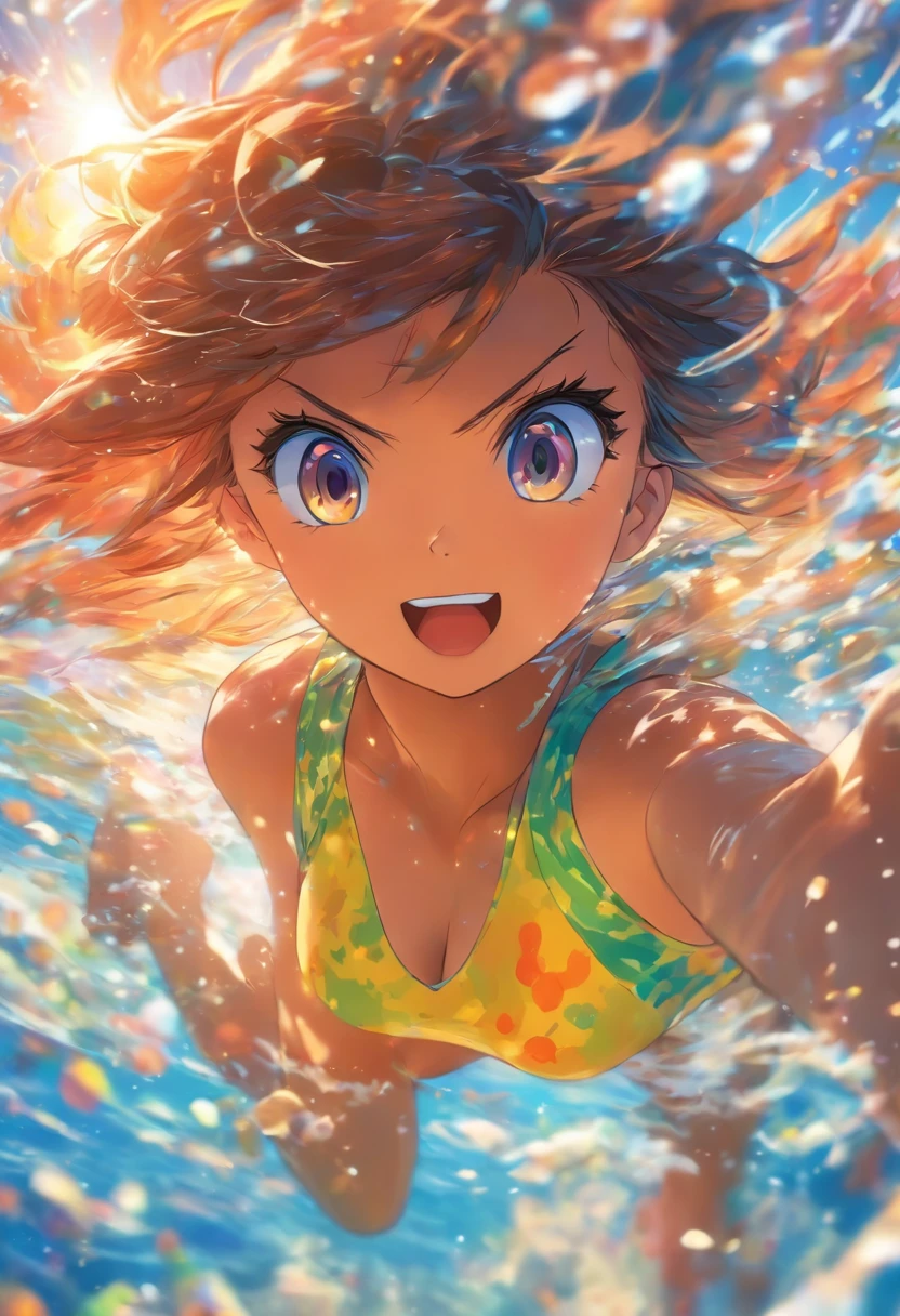 raccourcissement, profondeur de champ, Masterpiece, Best quality, 1fille, cheveux bruns, yeux bruns, cheveux longs, sous-marin, Air bubble, seulement, Regarder le spectateur, Maillot de bain scolaire, natation, dappled sunlight,