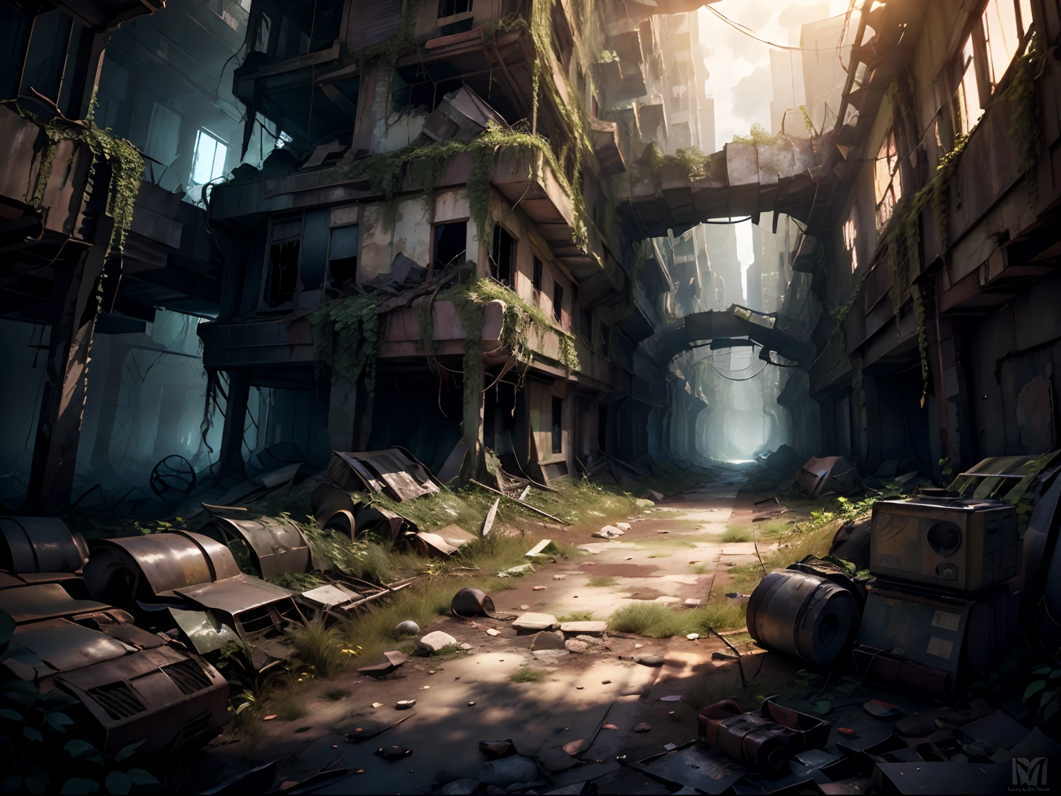 Concept art for a post-apocalyptic world with ruins, overgrown vegetation, and ((a lone survivor)), extremely detailed, cinematic lighting.