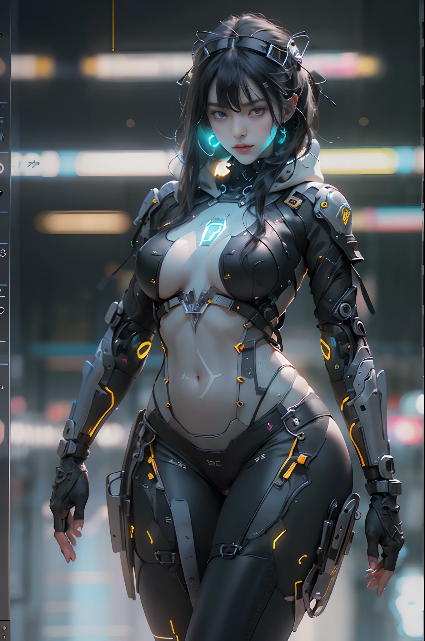 ((of the highest quality)), ((​master piece)), (detail:1.4), Translucent black material with mechanical parts and transparent skin, Beautiful woman in cyber bodysuit made of gray carbon material, Glowing pale with LEDs, ((Wide open chest)), Skin of the hips and thighs, Ticker (High dynamic range), Ray tracing, NVIDIA RTX, Super Resolution, Subsurface Scattering PBR Texturing, Post-processing, Anisotropy Filtering, depth of fields, Surface Shading, Accurate simulation of light/Material Interactions, perfectly proportions, Two-tone lighting, Wide aperture, Low ISO, White Balance, 8K, (((Cameltoe))), NSFW, (((Tall Woman))), 25 year old woman, Cyber headgear with dull glowing LEDs, knee high, Bulge, Puffy nipple, Dull bangs beautiful straight long hair, ((Cyber hood with dull glowing LEDs)), beautiful black straight hair, open stance, Cowboy Shot, Skin of the hips and thighs, Beautiful body, Navel visible on bare skin, Chest to feel gravity, (Huge breasts: 1.3), (gargantuan butt: 1.0), Simple and minimalistic space, Natural pose, Looking down, symmetry compositions, the golden ratio