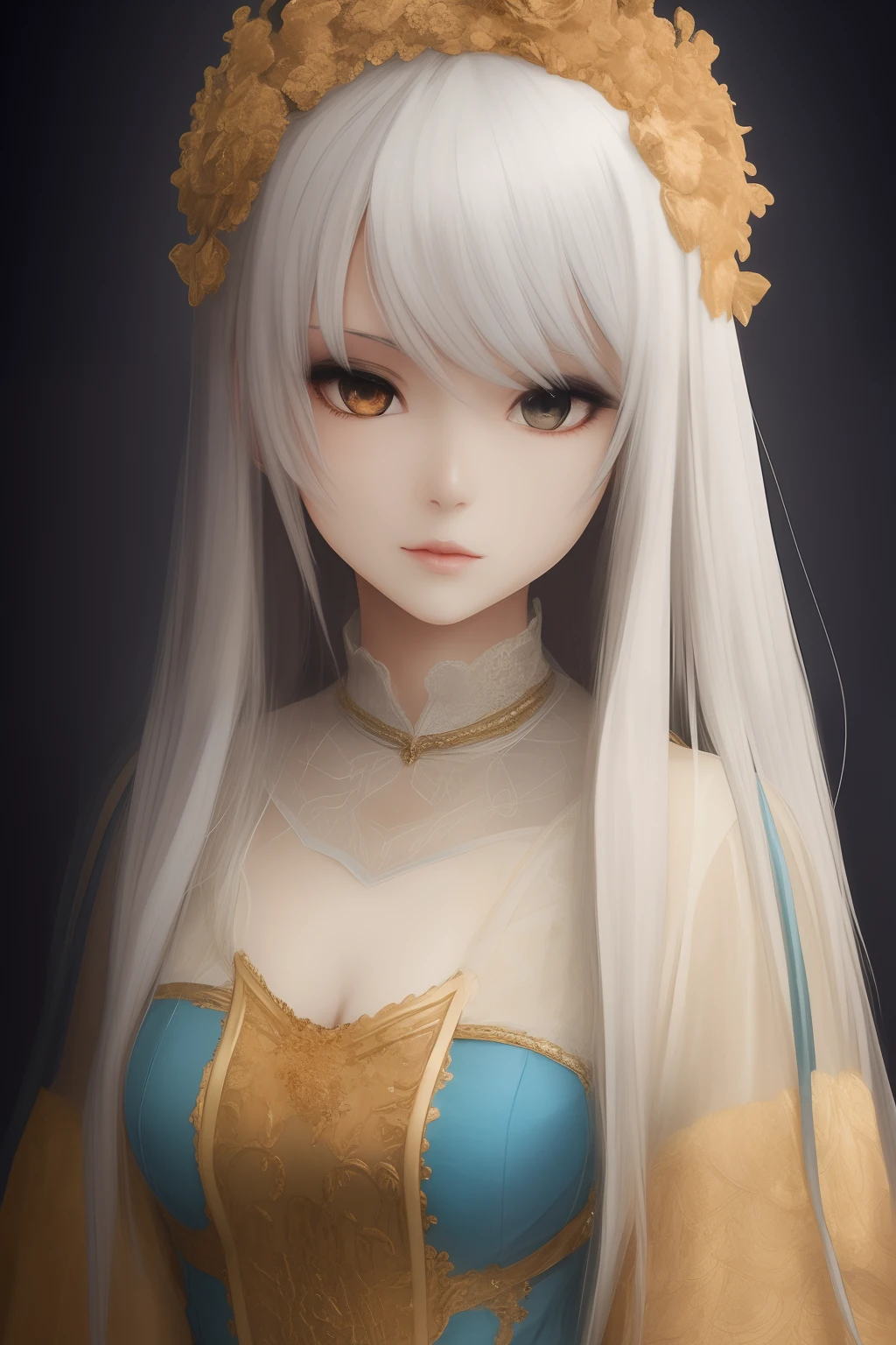 Anime girl, white hair, Golden eyes, Victorian blue dress