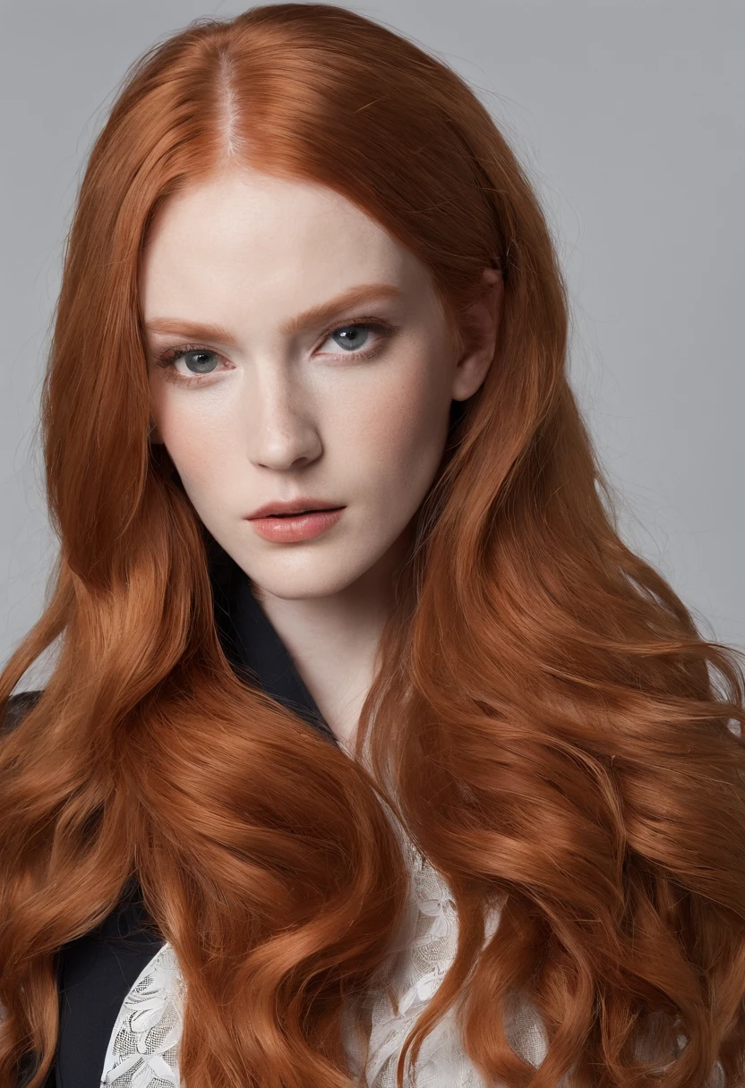 long ginger hair and messy flowing, ruiva gengibre (23 anos), (sardas, pale skin), Linha do maxilar definida, smaller head, lindo e sedutor, vestindo preto, com o ambiente de um quarto de hotel de luxo