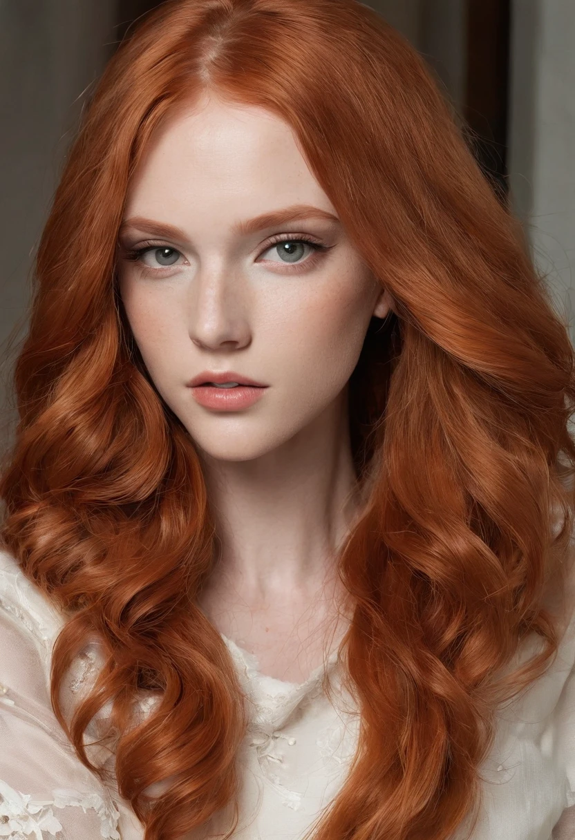 long ginger hair and messy flowing, Menina ruiva gengibre (23 anos), (sardas, pale skin), Linha do maxilar definida, smaller head, lindo e sedutor, vestindo preto, com o ambiente de um quarto de hotel de luxo