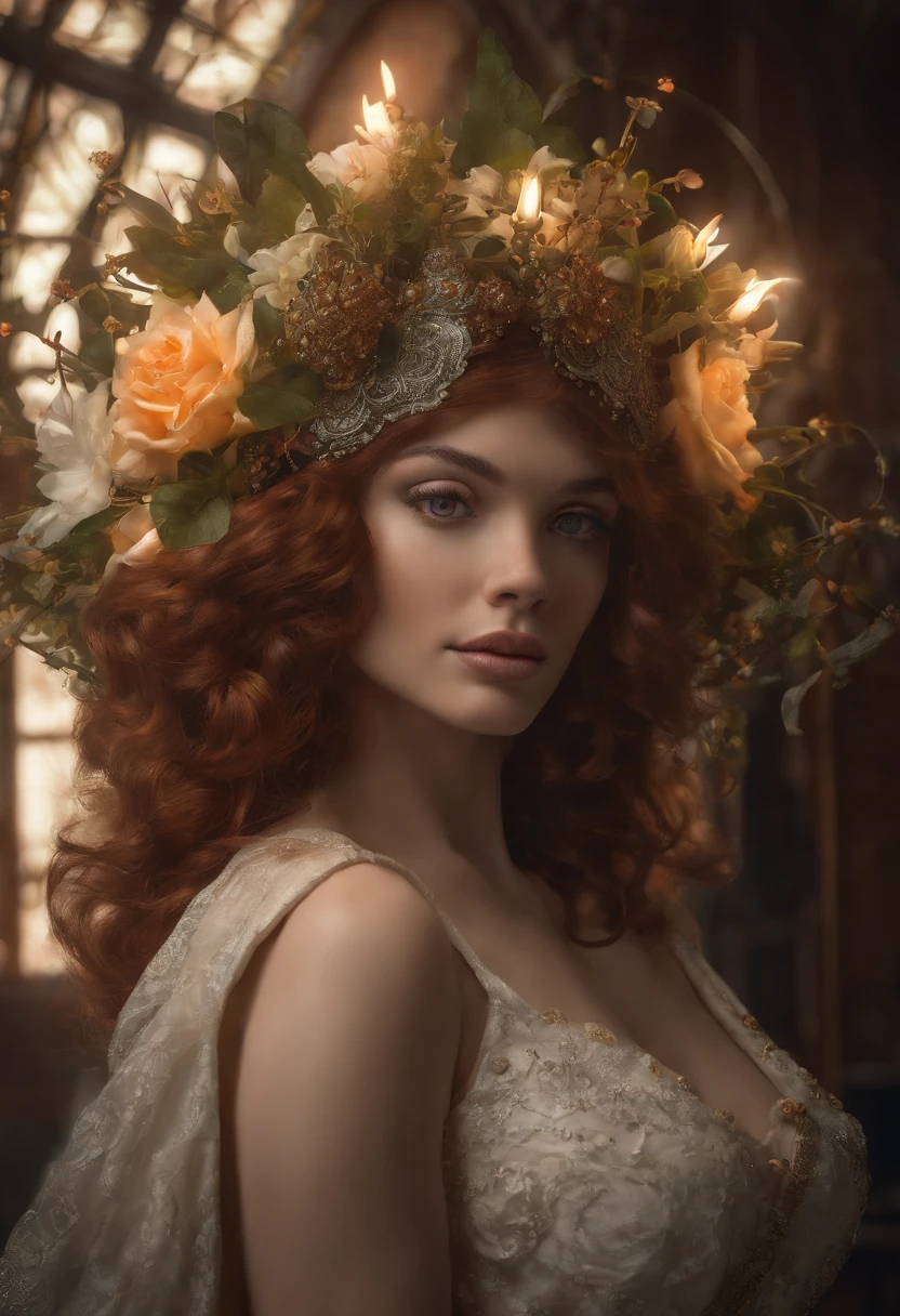 Bettie Page, starfire, Young white girl thin pale, cabelo vermelho, corpo inteiro, capa, pintura hiperdetalhada, luminismo, Bar lighting, complexo, 4k resolution concept art portrait by Greg Rutkowski, Artgerm, WLOP, Alphonse Mucha, little fusion pojatti realistic steampunk, fractal  isometrics details bioluminescens : uma fotografia realista impressionante 30 anos , ruiva, Stunning beautiful Italian god with large white flowers Wet bone structure tiara, 3d render, octane render, intrincadamente detalhado, titanium decorative headdress, cinemactic, trending in artstation | isometric | Amazing colorful centered hypereallistic cover photo, hand-drawn, escura, arenosa, realista mucha, klimt, erte .12k, intrincado. hit definition , cinemactic, rough sketch, mistura de linhas escuras ousadas e linhas soltas, linhas ousadas, no papel, corpo inteiro com vestido de veludo, humanoide, corpo inteiro.