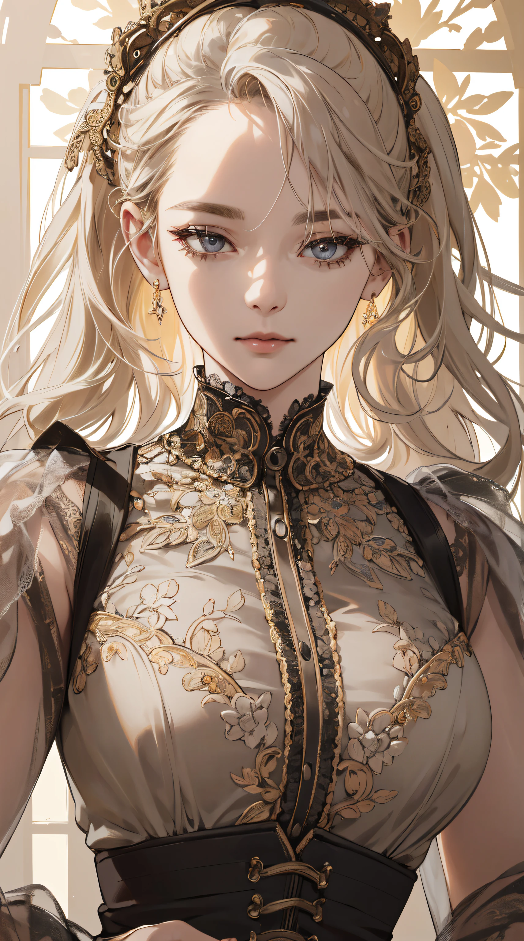 (absurd, highres, ultra detailed), 1girl, mature woman, intricate details, enlarged textures, intricate details, finely detailed eyes and detailed face, intricate details, honey golden gray hair, (closed mouth), perfect eyes, matching eyes,