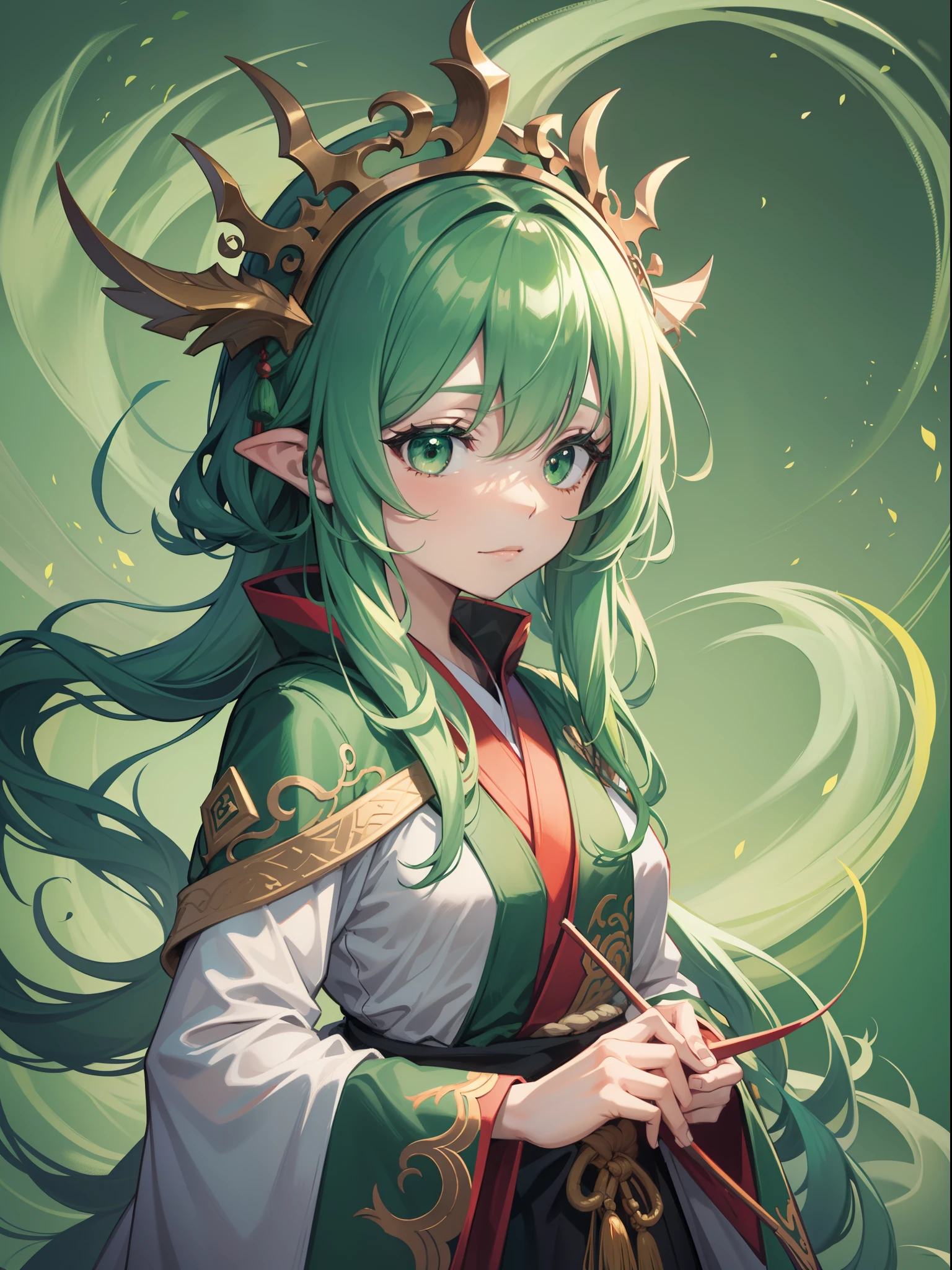 character portrait closeup，sketching，.tchibi，green pupills,full bodyesbian，standing on your feet，robe，Hanfu，green color，Chinese dragon green background，full bodyesbian，Faraway view，Green background