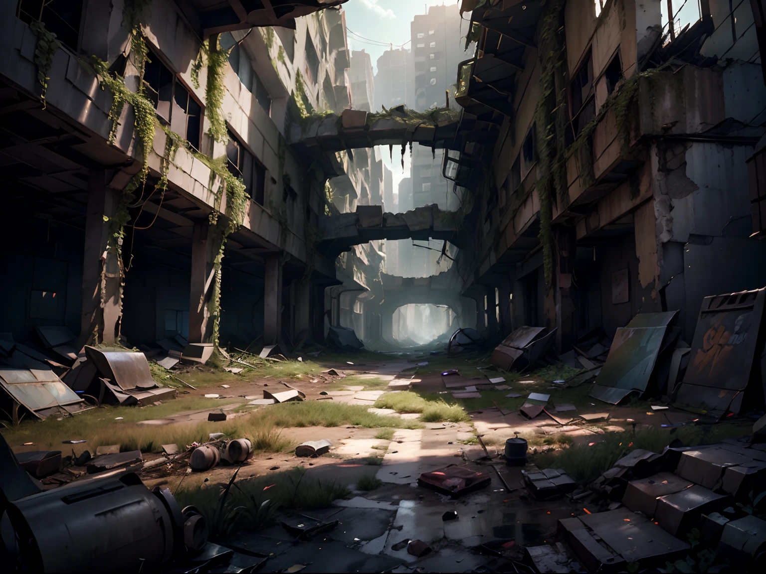 Concept art for a post-apocalyptic world with ruins, overgrown vegetation, and ((a lone survivor)), extremely detailed, cinematic lighting.