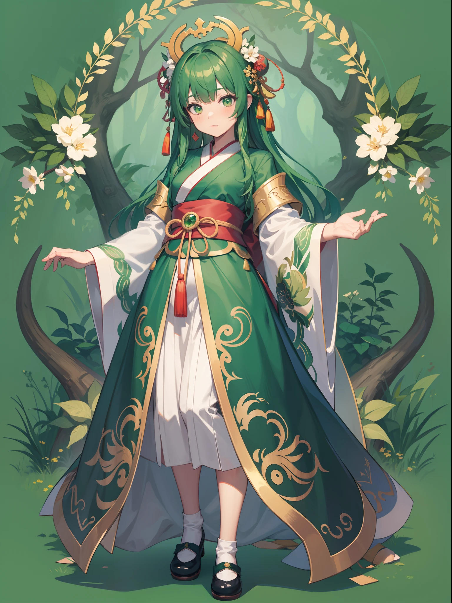 character portrait closeup，sketching，.tchibi，green pupills,full bodyesbian，standing on your feet，Robe，Hanfu，green color，Chinese dragon green background，full bodyesbian，Faraway view，Background of green forest，full bodyesbian，Princess green shoes