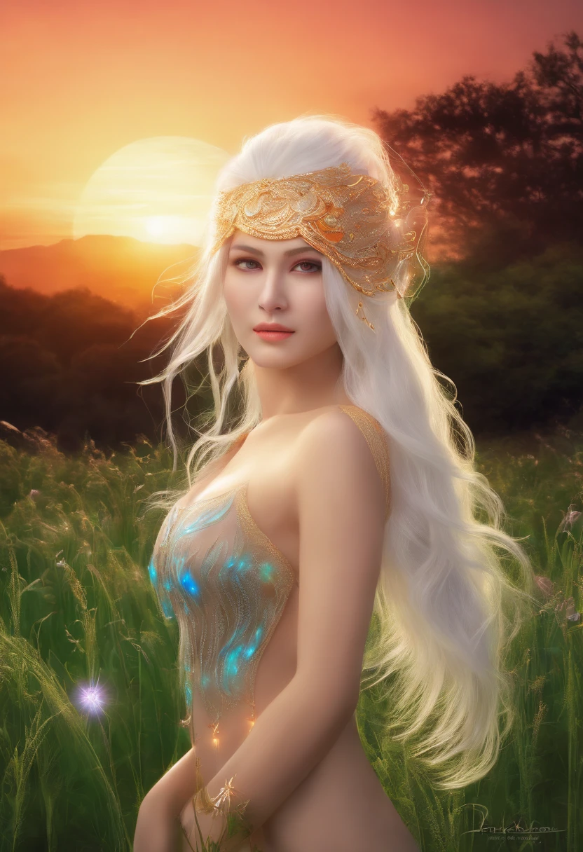 (((Beautiful and ultra detailed face, Megapixel))) madara, full body, with bioluminescent aura around the body, during a beautiful, colorful and ultra-realistic sunset, shiny and realistic grass, big white bioluminescent hair with rays of bioluminescent light between strands of hair, with colorful flames, bioluminescent sky with several planets in the background